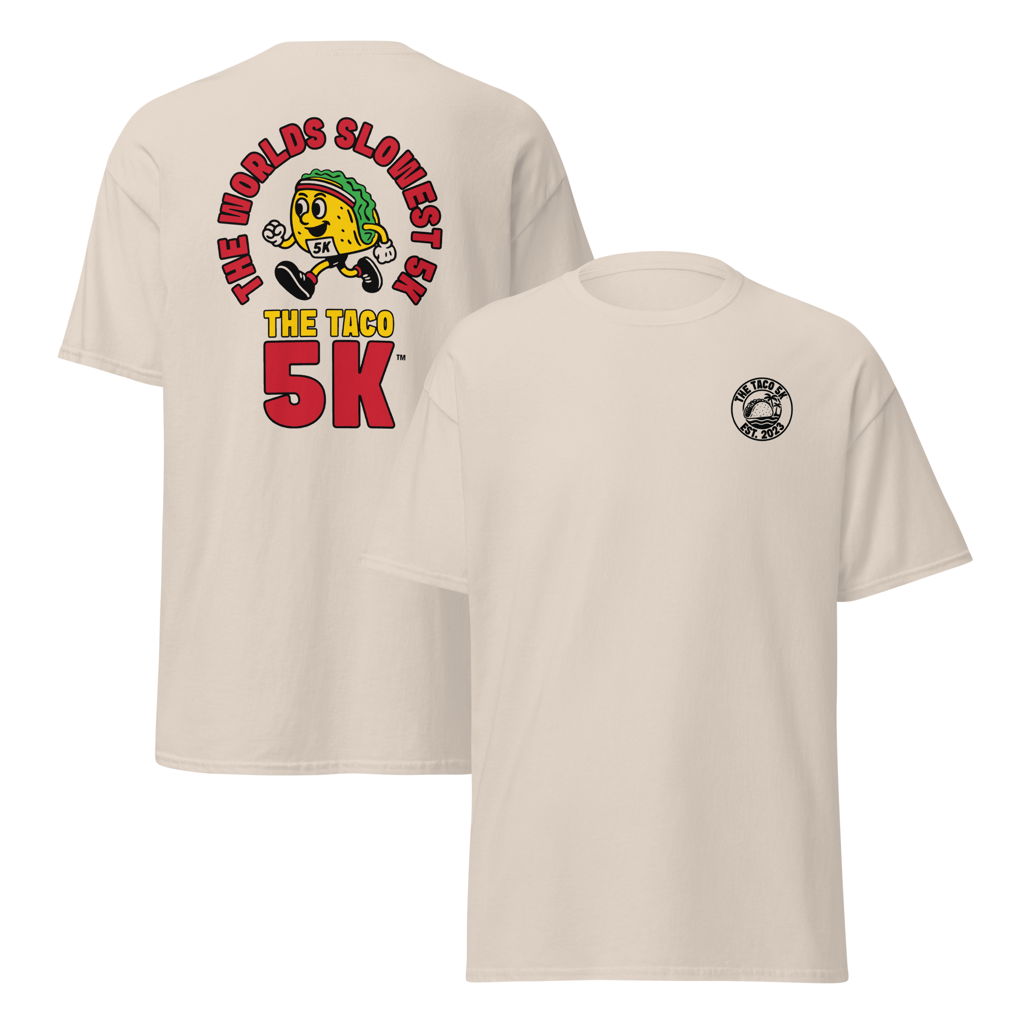 White T-shirt with a colorful graphic of a taco running in a race, surrounded by the words "The World’s Slowest 5K" and "The Taco 5K."