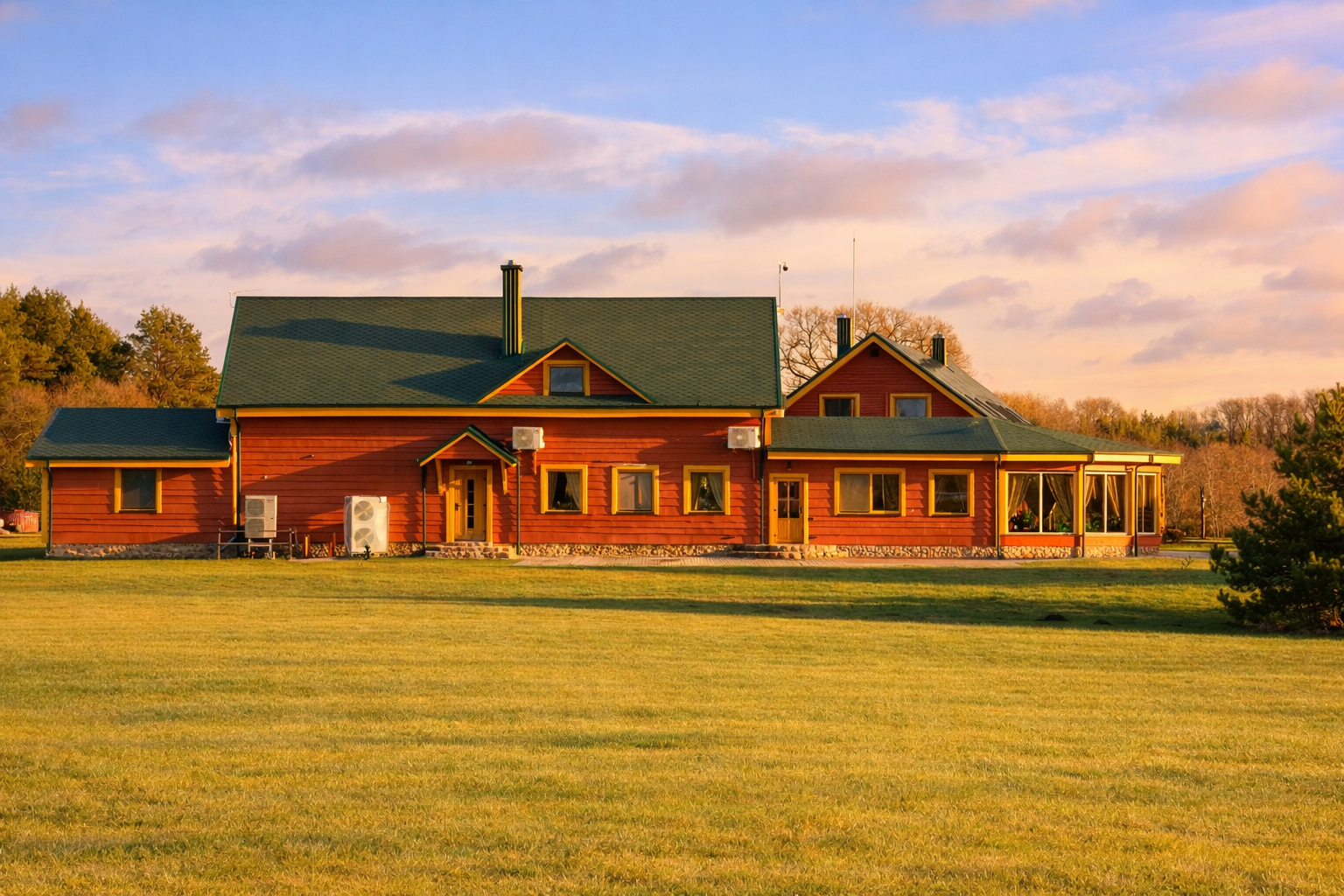 A large wooden house with green roofing and multiple chimneys, surrounded by a spacious grassy yard, during sunset.