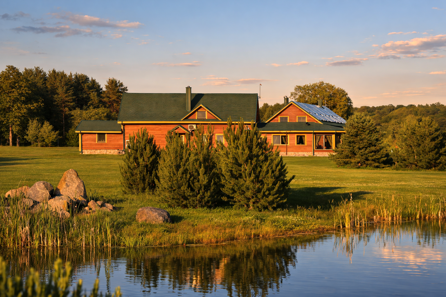 A wooden house with a green roof overlooking a pond, with trees and a grassy yard in the background during sunset.