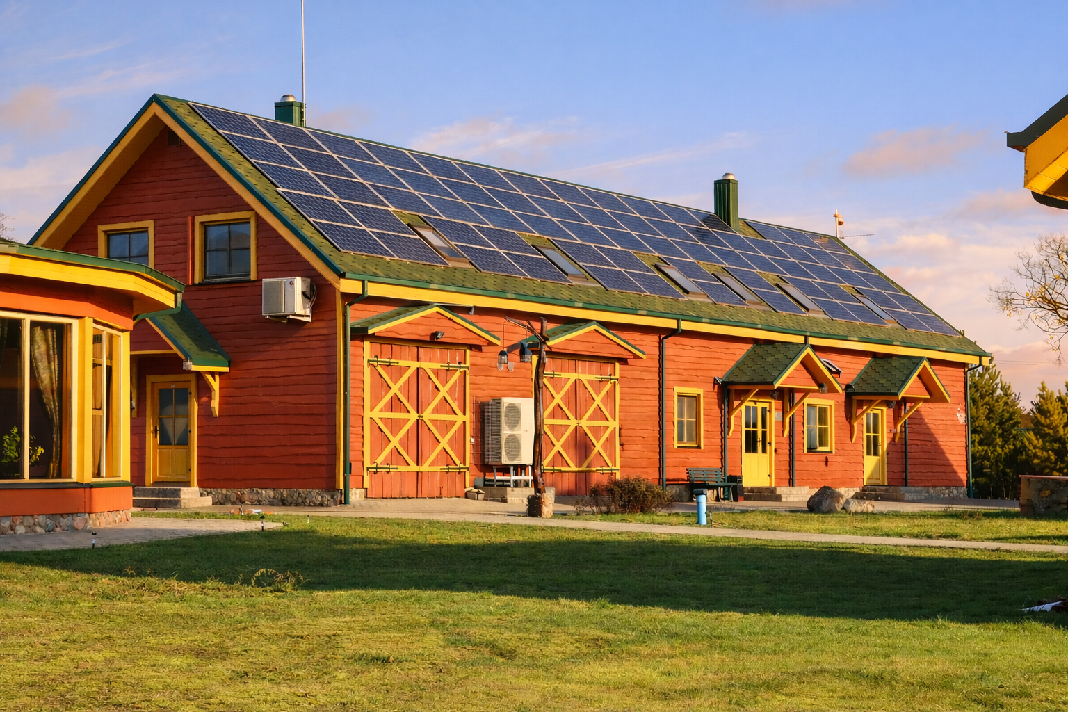 Colorful house with red and yellow siding, green roof, solar panels, and a grassy yard.