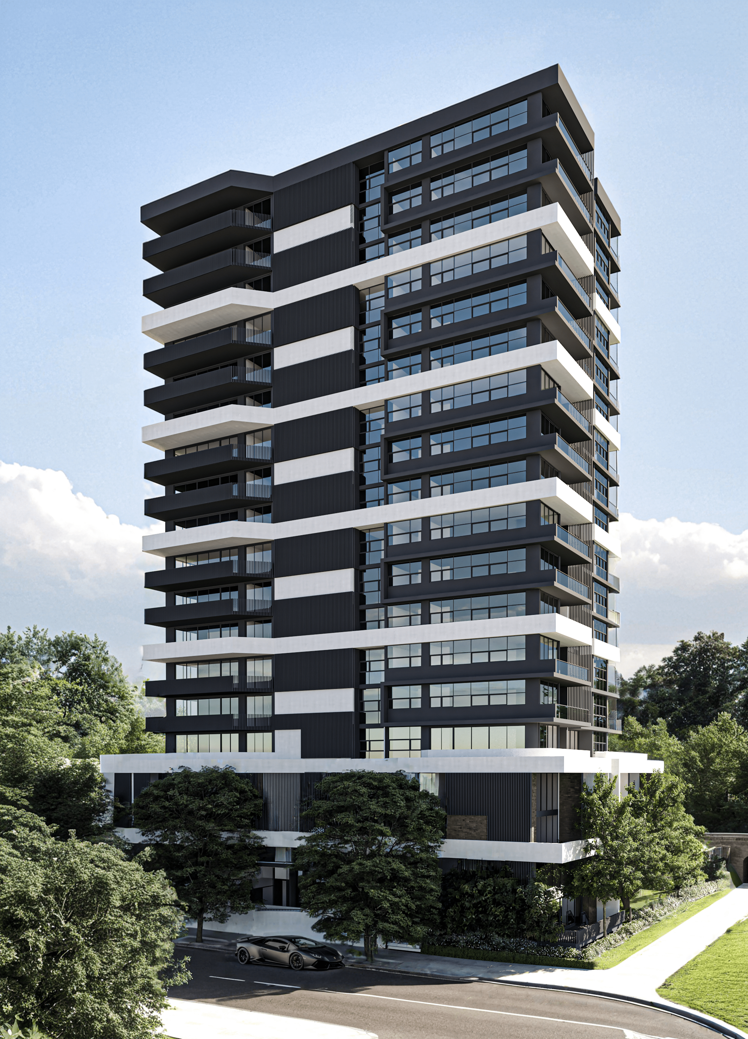 A modern multi-story apartment building with black and white exterior accents, large glass windows, and balconies, surrounded by trees and parked cars.