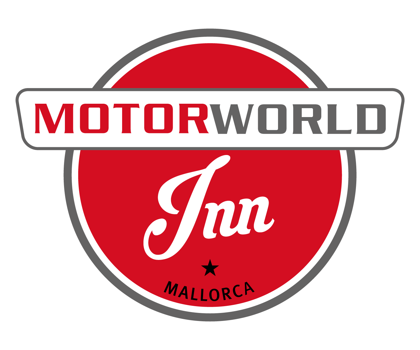 Logotipo de Motorworld Inn en Mallorca con elementos de diseño en rojo, blanco y gris.