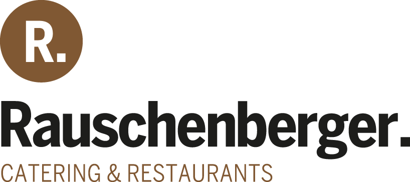 Logotipo con un círculo marrón que contiene una letra R blanca y el texto "Rauschenberger" con "CATERING & RESTAURANTS" debajo.