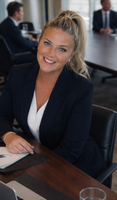 Smiling woman in business suit sitting at a conference table with colleagues in the background.