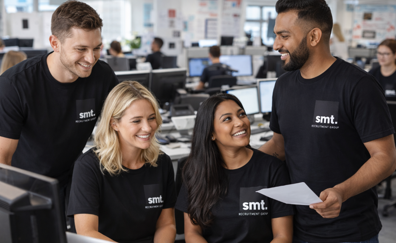Four people wearing black t-shirts with 'smt. RECRUITMENT GROUP' logo in an office, smiling and talking, surrounded by desks and computers.