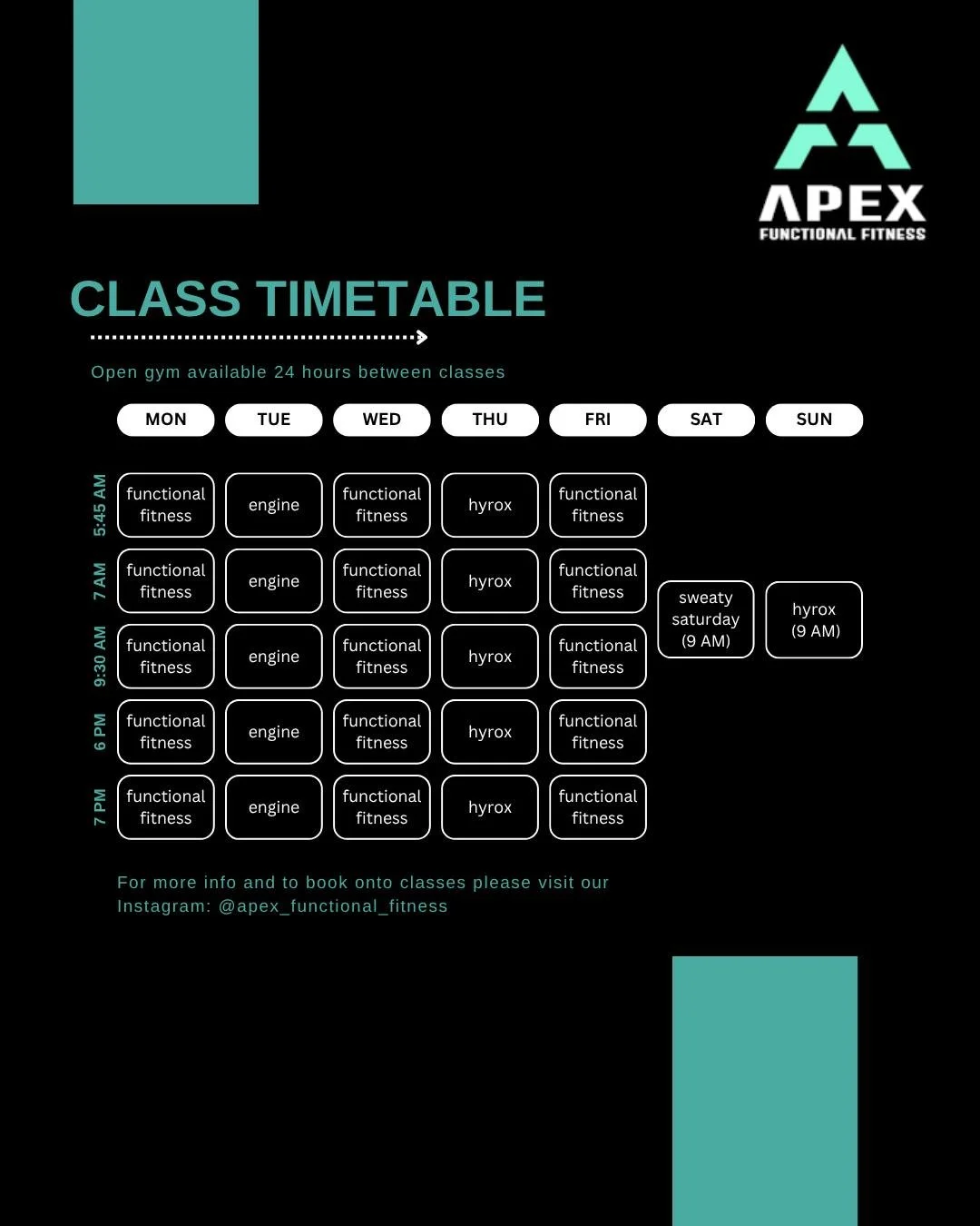 Weekly class timetable for Apex Functional Fitness, showing class types and times from Monday to Sunday, with open gym available 24 hours.