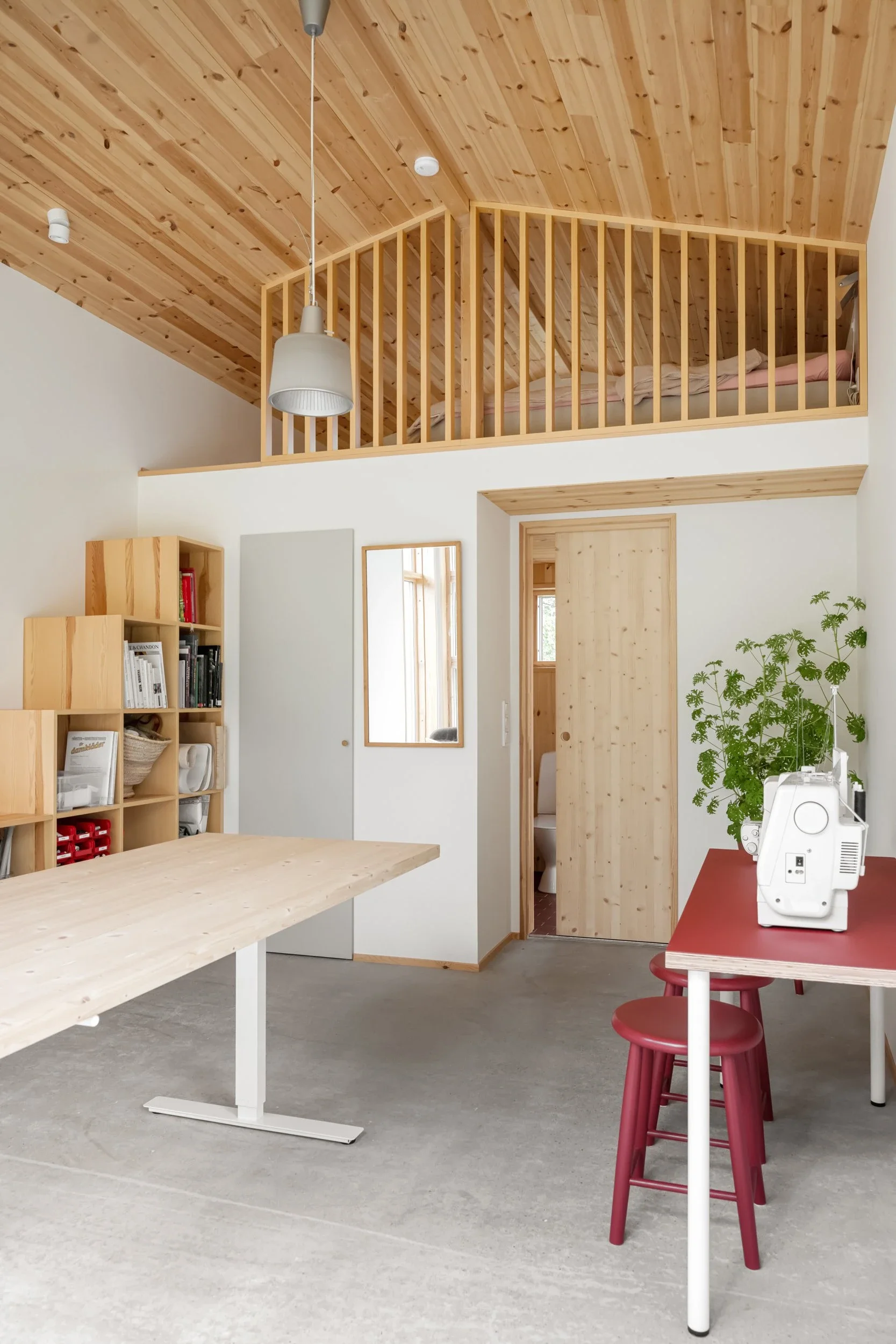 Inomhusmiljö med naturmaterial i ljusa träslag, ett bord med en växt, en bokhylla, ett spegel, en dörr och en loftsäng i ett ljust hem.