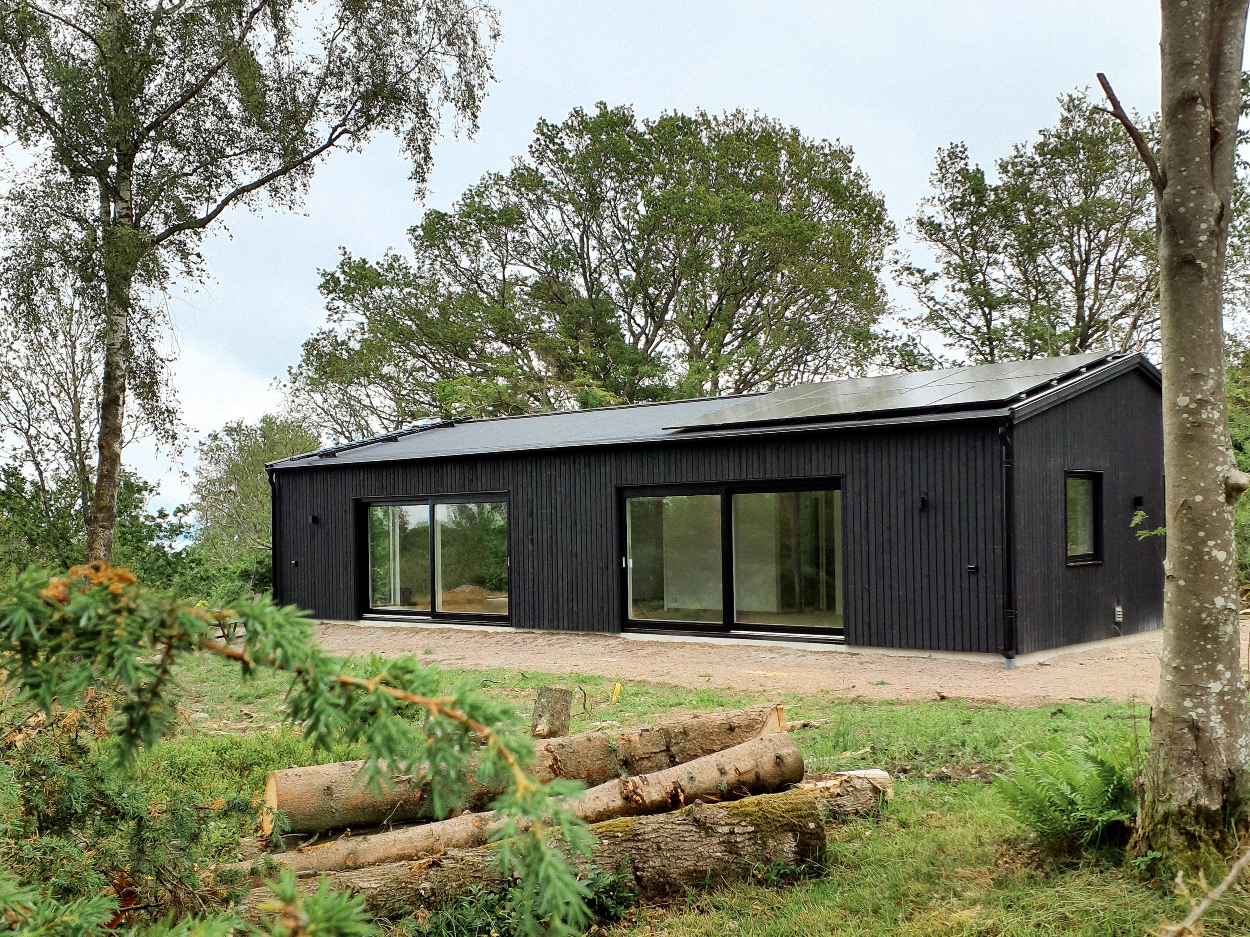 En svart modern husstruktur i en skogsmiljö med stora glasdörrar och små fönster, omgiven av träd och gröna växter.