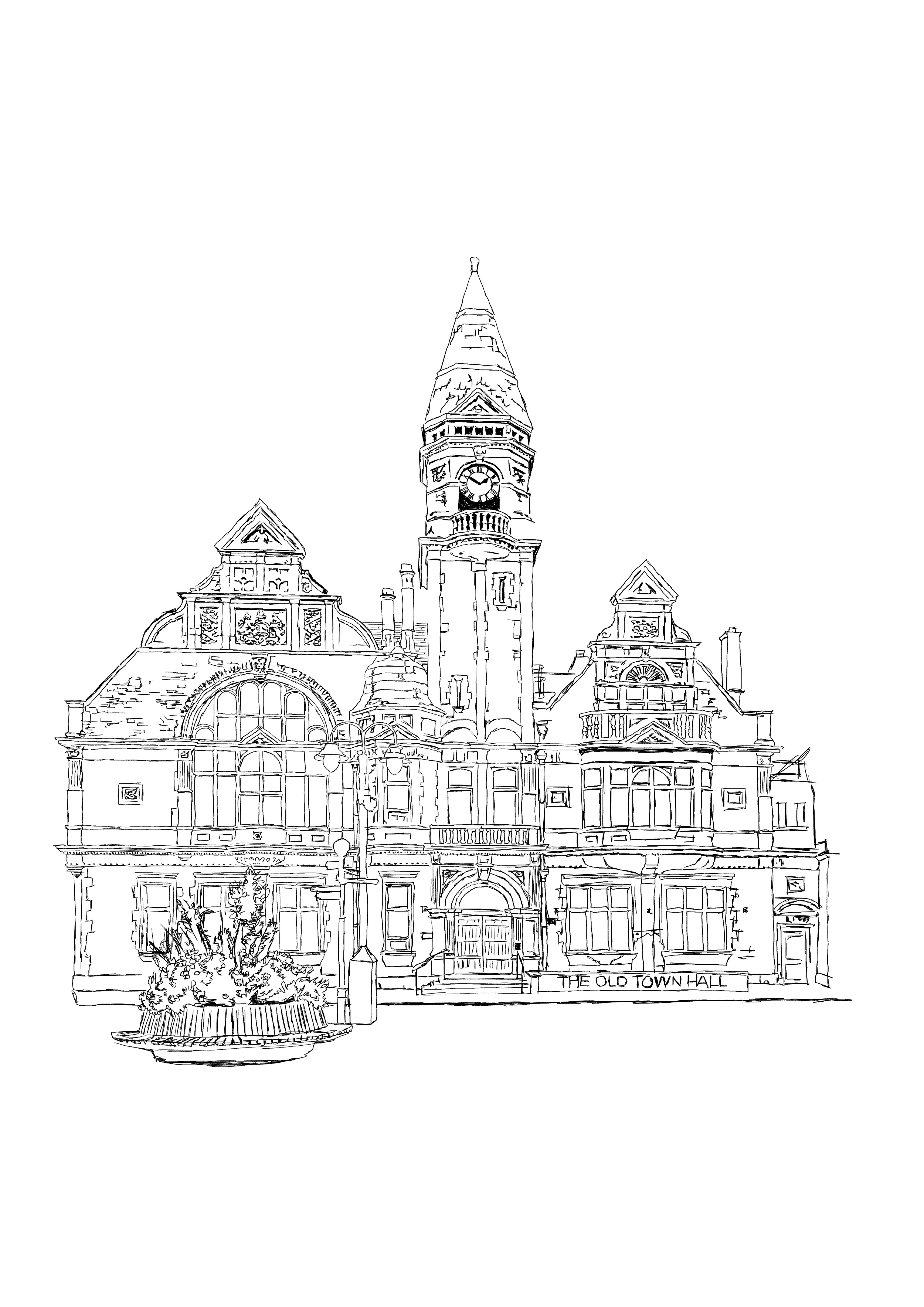 Outline drawing of a historic town hall with a clock tower, ornate windows, and decorative architecture, labeled 'THE OLD TOWN HALL'.