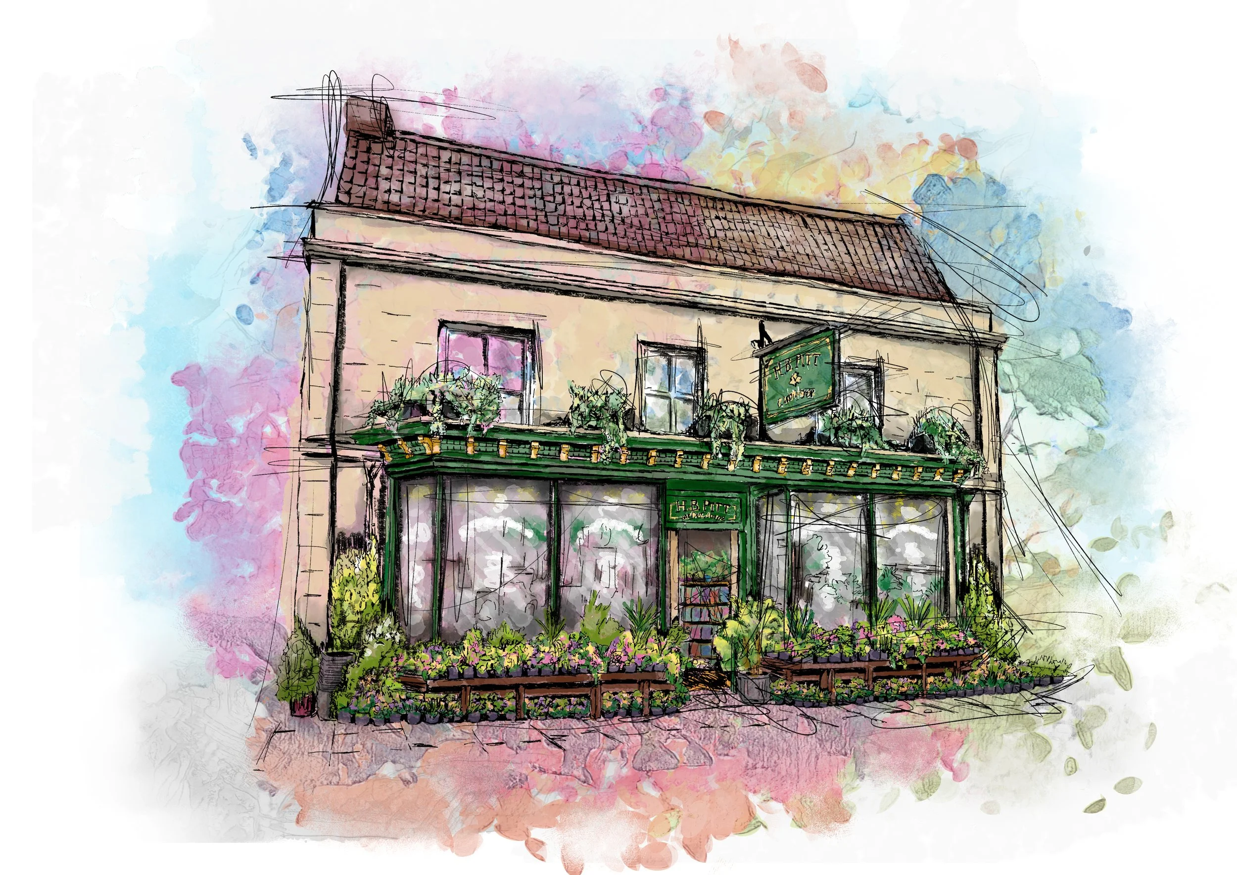 Watercolour illustration of a two-story building with a green storefront, potted plants, and flowers outside. The building has a sign that reads 'H. B. Pitt' and tile roofing.
