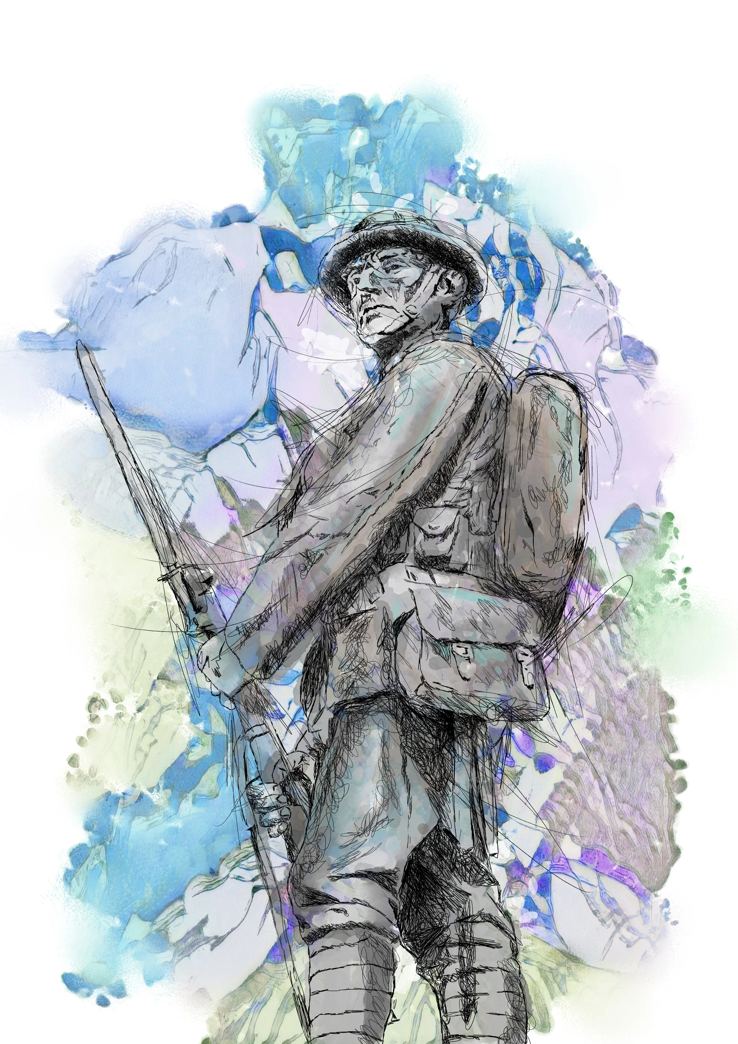 Artistic sketch of a soldier with a rifle, wearing a helmet, with a mountainous landscape background. The war memorial in Trowbridge Park.