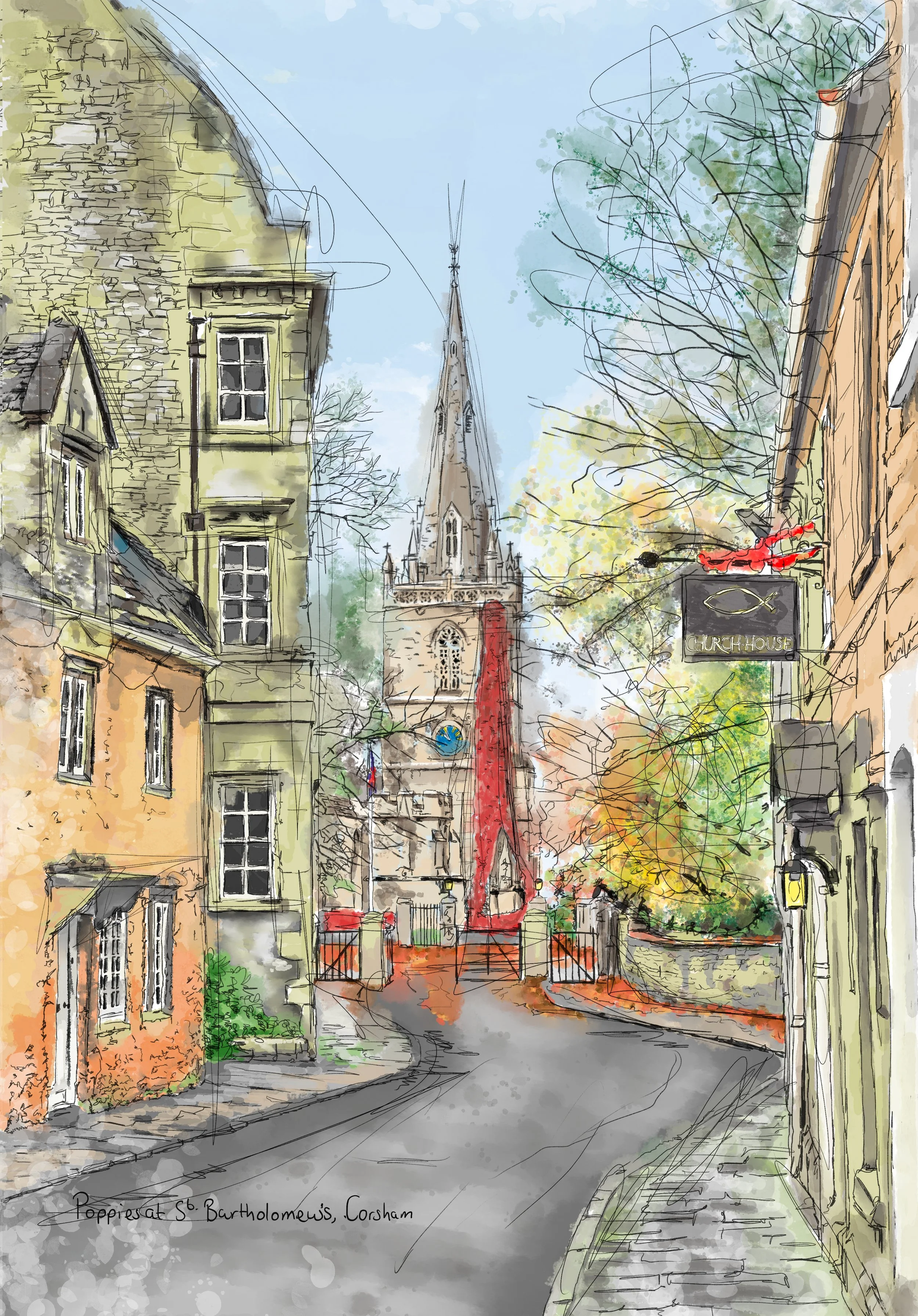 The beautiful Church Street in Corsham, showcasing the poppies cascading down the tower of St Bartholomew's Church.