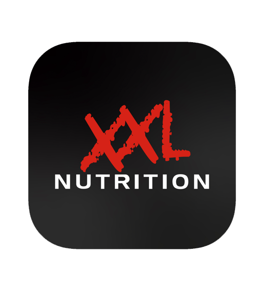 Logo  XXXL Nutrition met zwarte achtergrond, rood schrift en witte tekst.