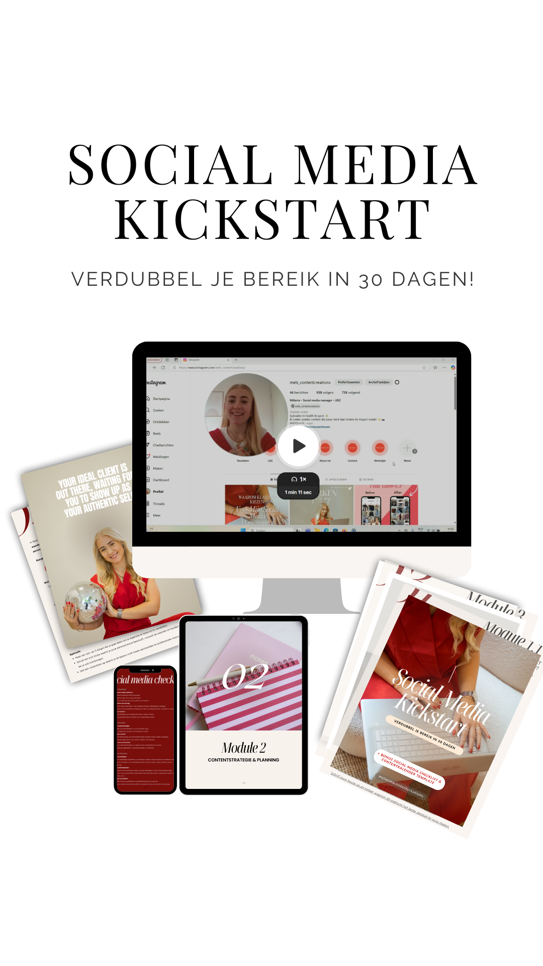 Digitale marketing en contentcreatie materialen, inclusief een computer scherm met een social media profiel, een tablet, smartphones, en informatiebrochures en modules over social media planning en contentstrategie.