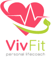Gezicht met hartslaglijn en een groene banaan, logo voor VivFit voedingsetiket.