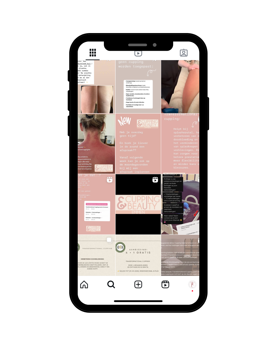 Instagram-feed met informatie over cupping en beautybehandelingen, inclusief foto's van behandelingsresultaten en promoties.