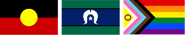 Aboriginal flag, Torres Strait Islander flag, progressive Pride flag