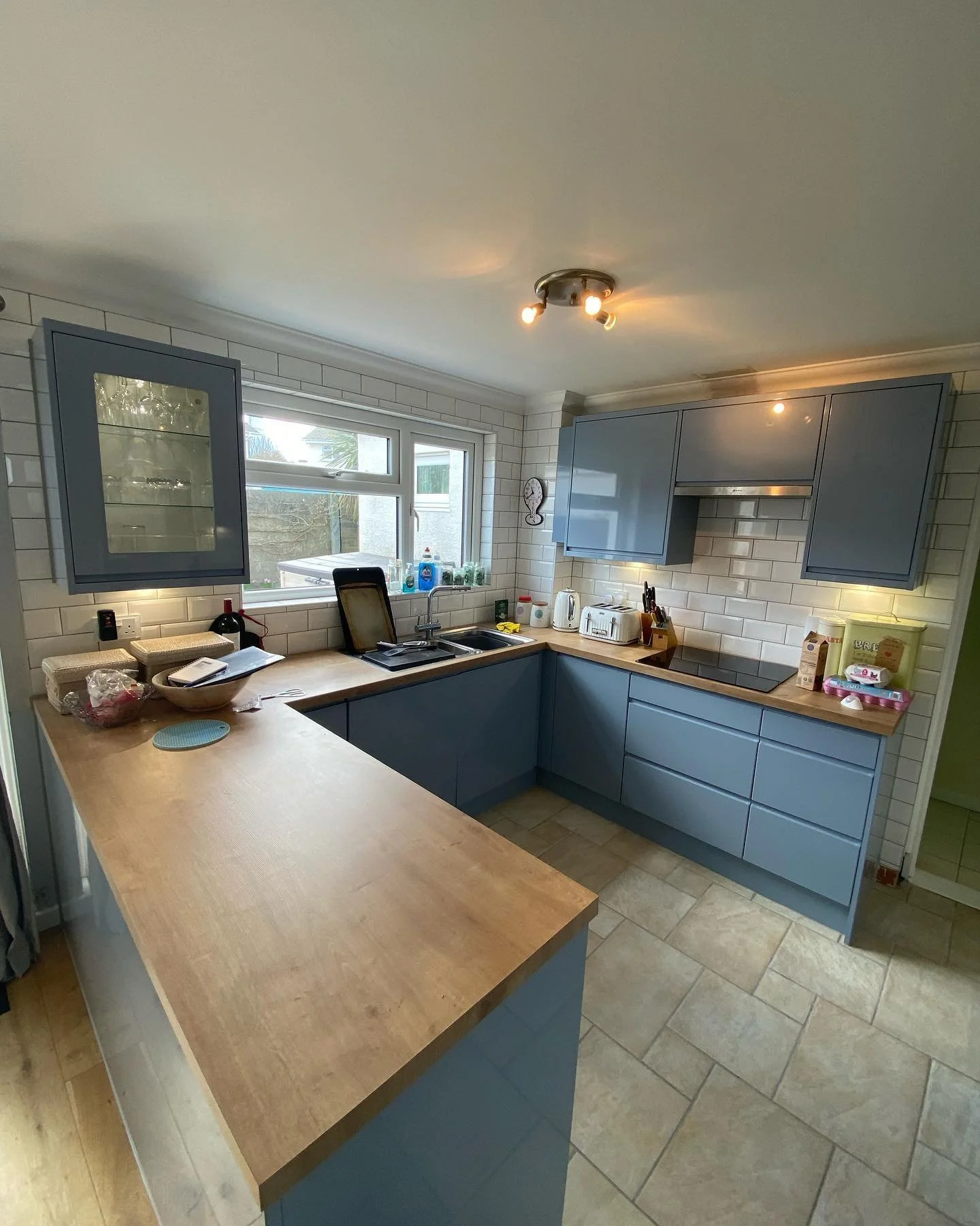 New Kitchen -  Style: Gallo, Colour: Denim Blue
New Tiling - Johnson Tiles, Metro Brick
Supply & Install (Including Electrics & Plumbing)