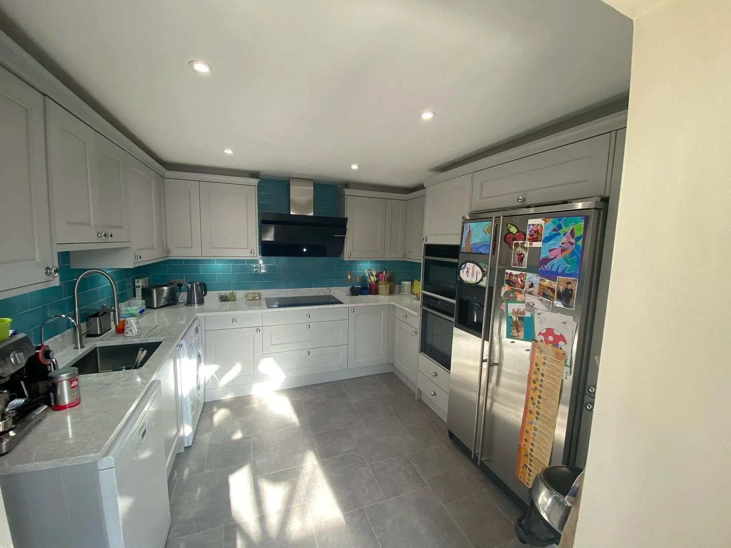 New Kitchen: Style: Edison, Colour: Light Grey
New Wall Tiles: Johnson Tiles, Glass
Supply & Install (Including Electrics and Plumbing)