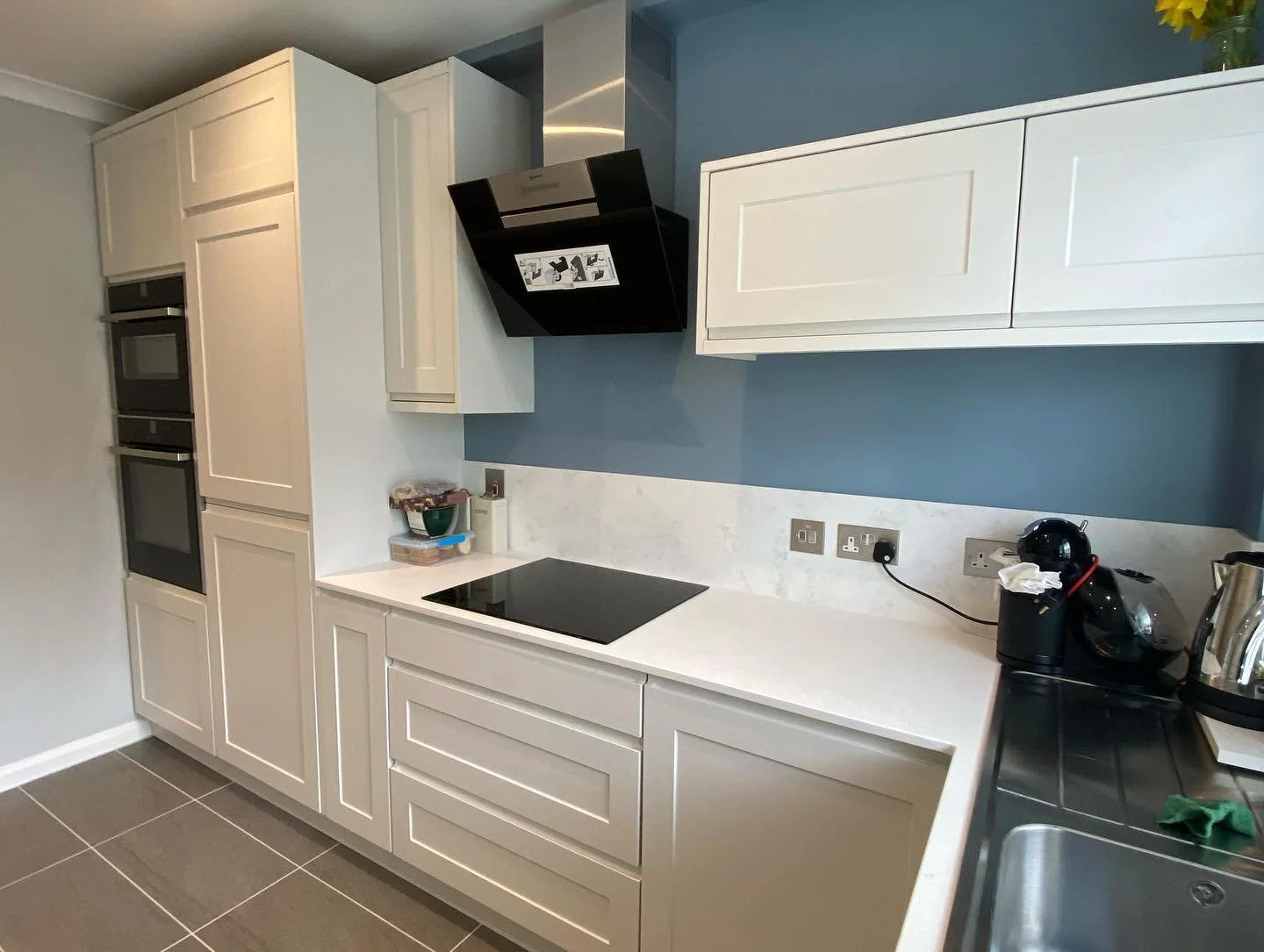 New Kitchen: Style: St Ives, Colour: White Grey
Floor Tiling: Johnson Tiles
#jerseyci