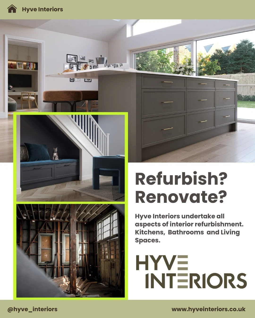 At HYVE Interiors, we specialise in transforming kitchens, bathrooms, and interior spaces with a complete refurbishment service. From tiling, painting and decorating to plumbing and electrical works, we take care of every detail to bring your vision