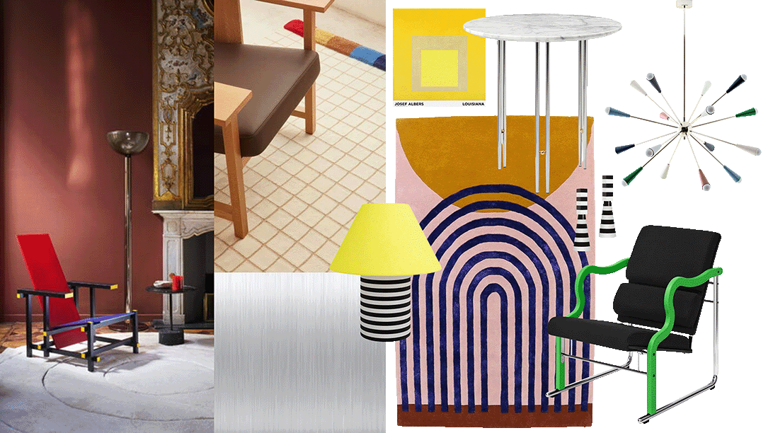 Postmoderni monipuolinen sisustuskollaasi, jossa korostuvat rohkeat värit, geometriset muodot, leikkisyys sekä materiaalit kuten messinki, sametti ja värillinen lasi.