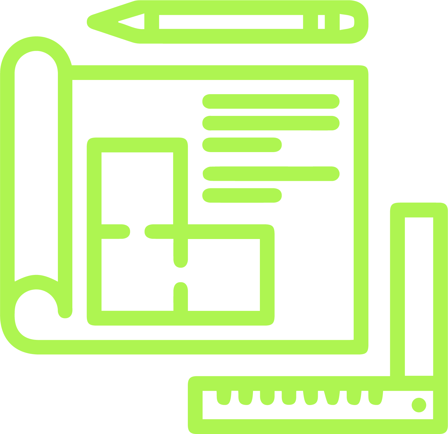 Vihreä piirros pohjapiirustuksesta, kynästä ja viivaimesta.