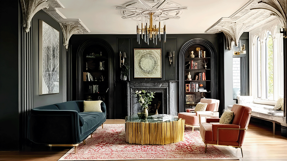 Tyylikäs olohuone, jossa tummat seinät, seinälle ripustettu taulu, takka, kirjahyllyjä, ja sisältä päin näkyvät suuret ikkunat, jotka päästävät paljon luonnonvaloa sisään.