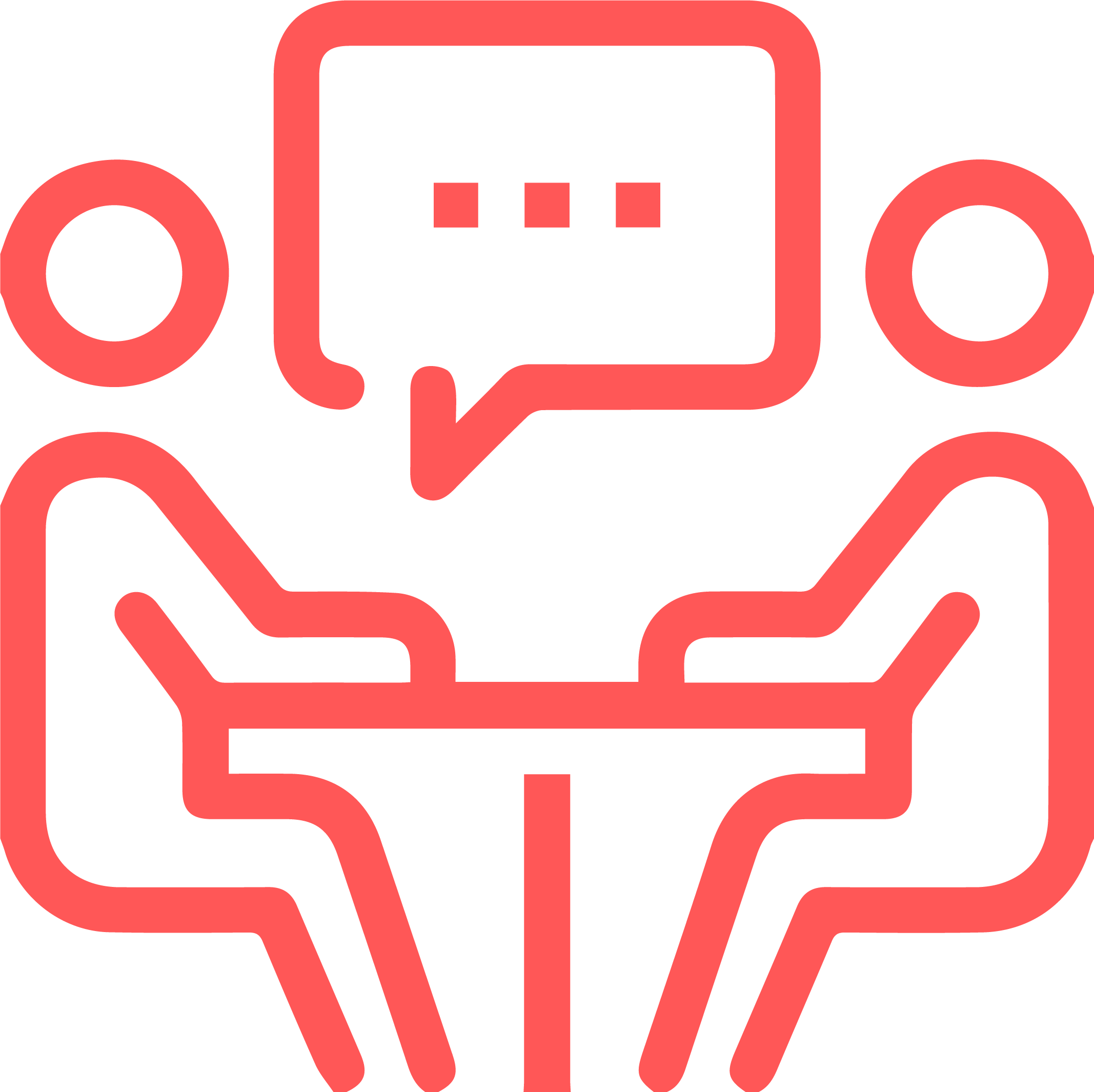 Yhteisviestinnän ikoni, punaisena, kaksi ihmistä istumassa pöydän ääressä ja puhekupla.