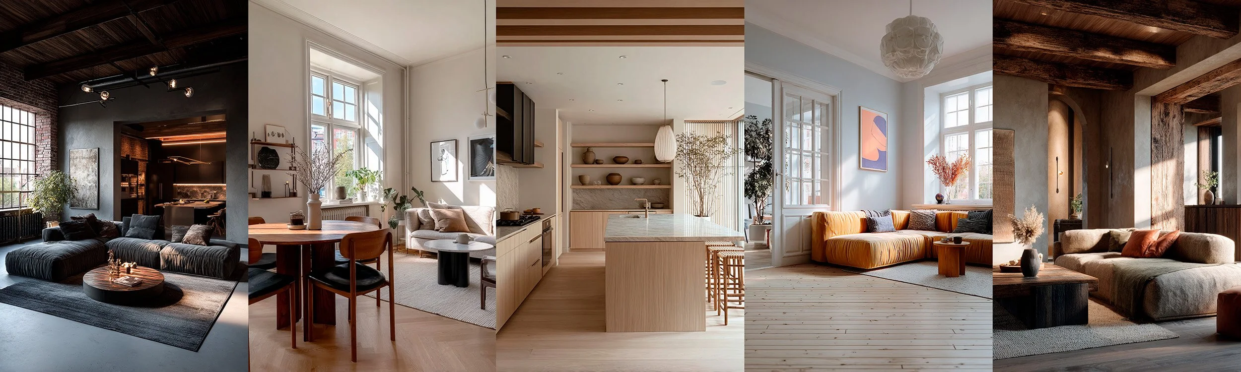 Viisi eri tyylistä sisustussuunnittelua esittäen eri sisustustyylejä.