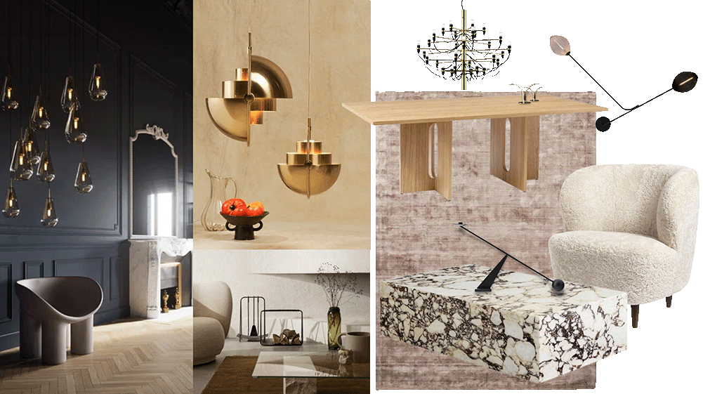 Sisustuskuvia: kattauksia, valaistustarvikkeita ja huonekaluja.