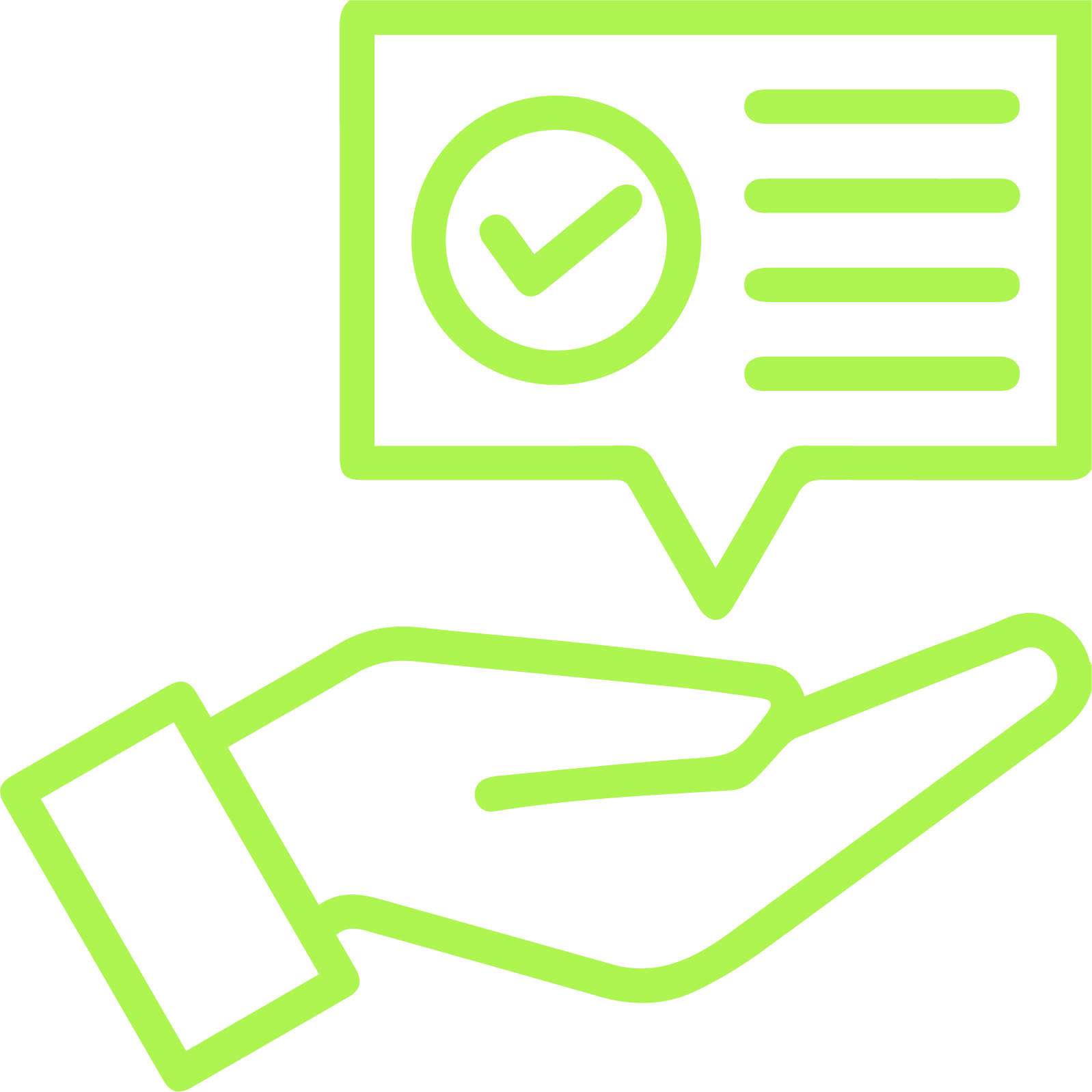 Vihreä kuvake, jossa käsi pitää puhekuplaa, jossa merkki ja pari viivaa, symboloiden palvelua tai tukea.