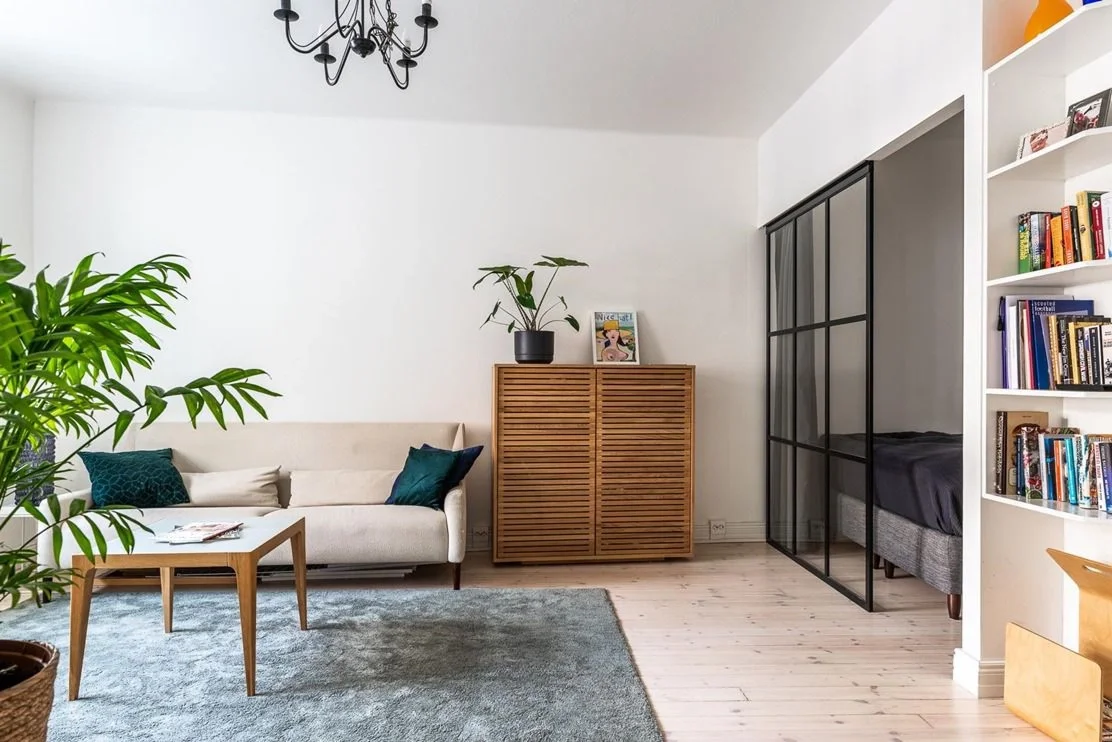 Olohuone, jossa vaalea sohva, vihreitä sisäkasveja, matto ja kirjahylly, avokeittiö ja makuuhuone lasiseinän takana.