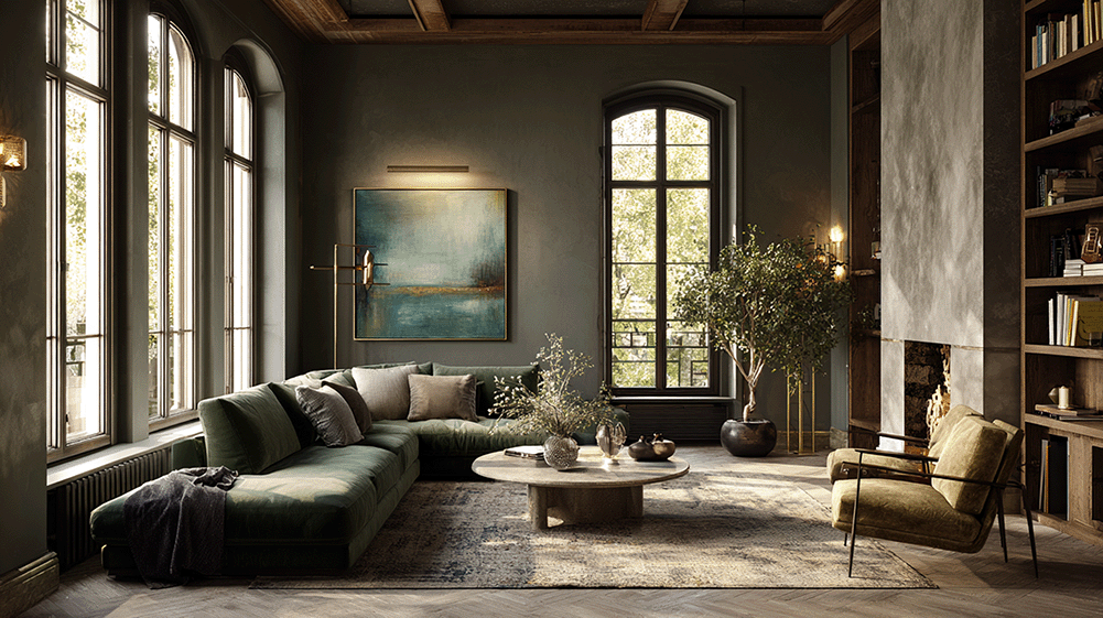 Tyylikäs olohuone, jossa suuri vihreä sohva, nojatuoli, suuret ikkunat ja sisustus, kuten taulu seinällä ja kasveja.