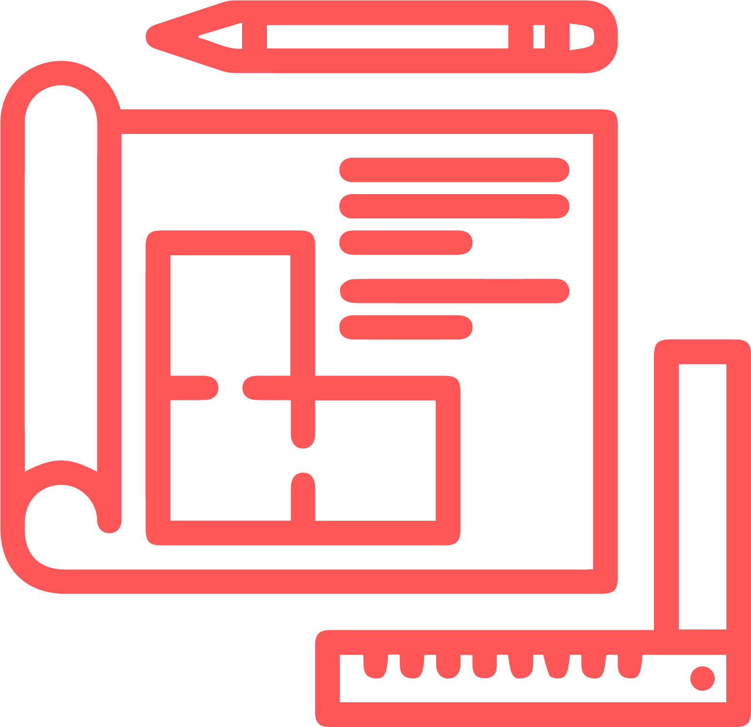 Punainen piirros suunnitelmasta, jossa pohjapiirustus, kynä ja viivain.