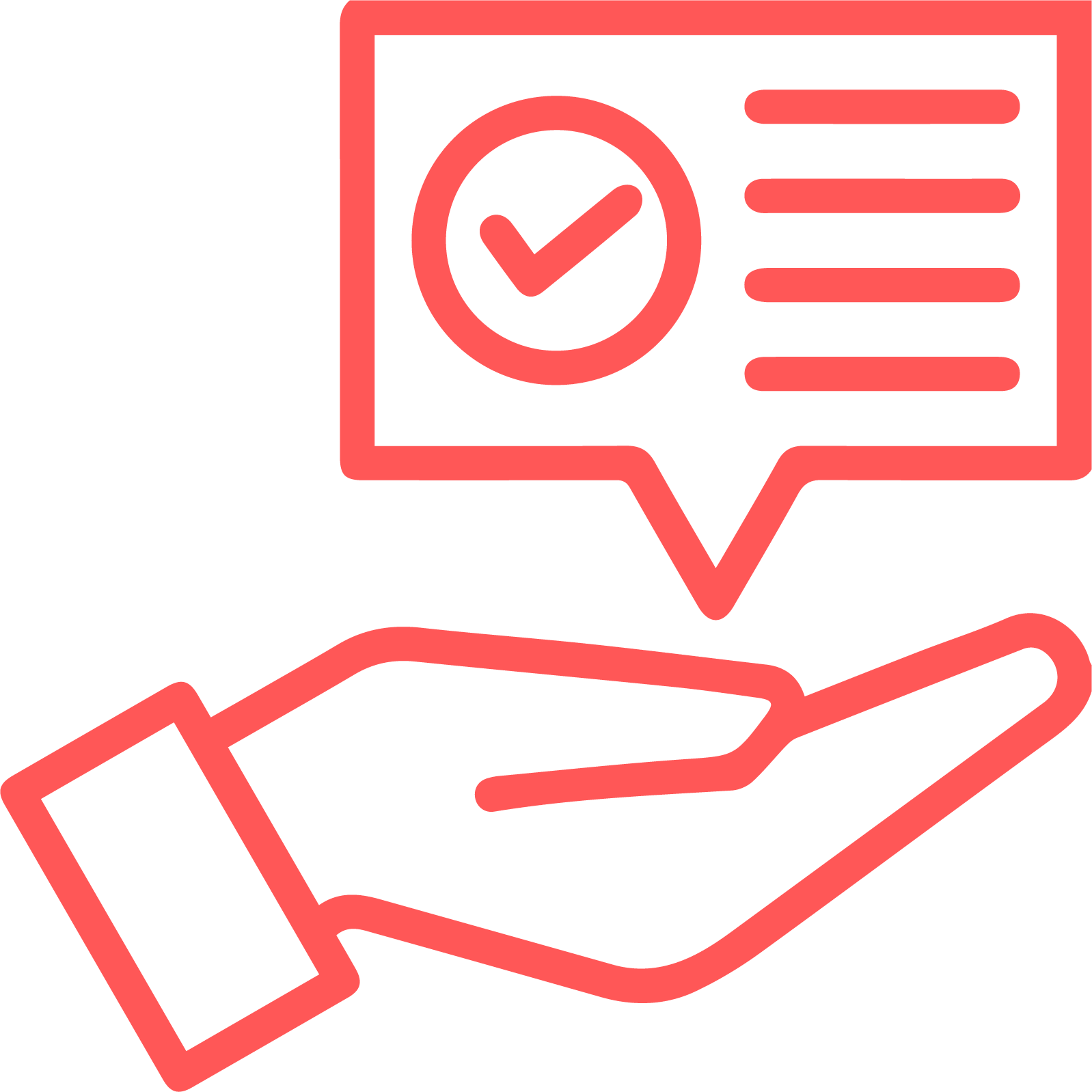 Punainen piirros, jossa kädessä puhekupla.