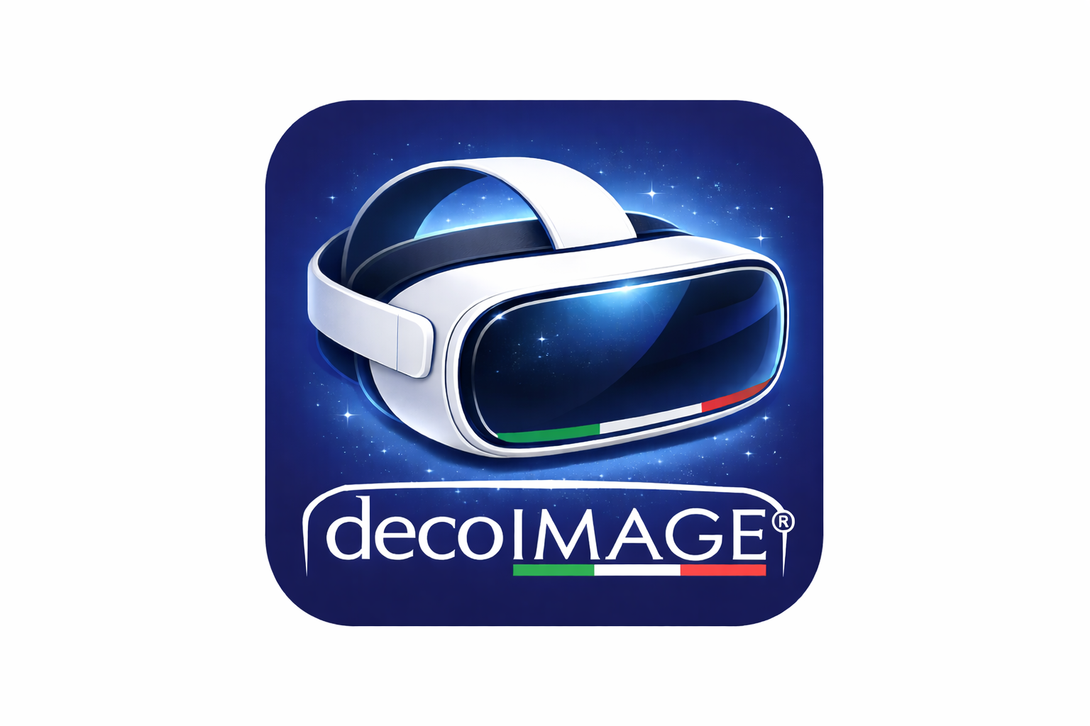 Logo of decoMAGE app featuring a space-themed virtual reality headset with a starry background and the text 'decoMAGE' beneath it, accented with Italian flag colors.
