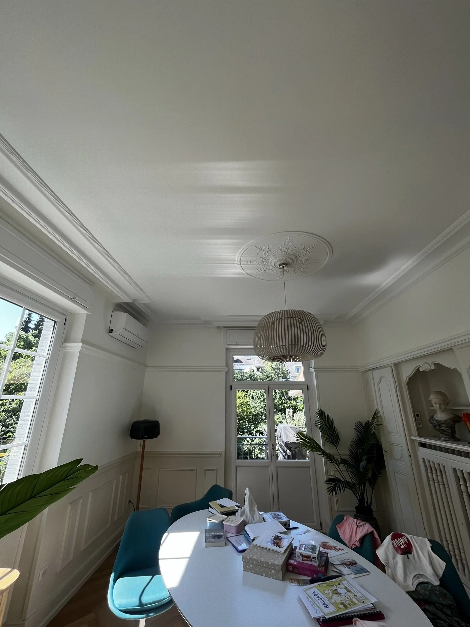 décoration d'un plafond avec des corniches et une rosaces centrale.