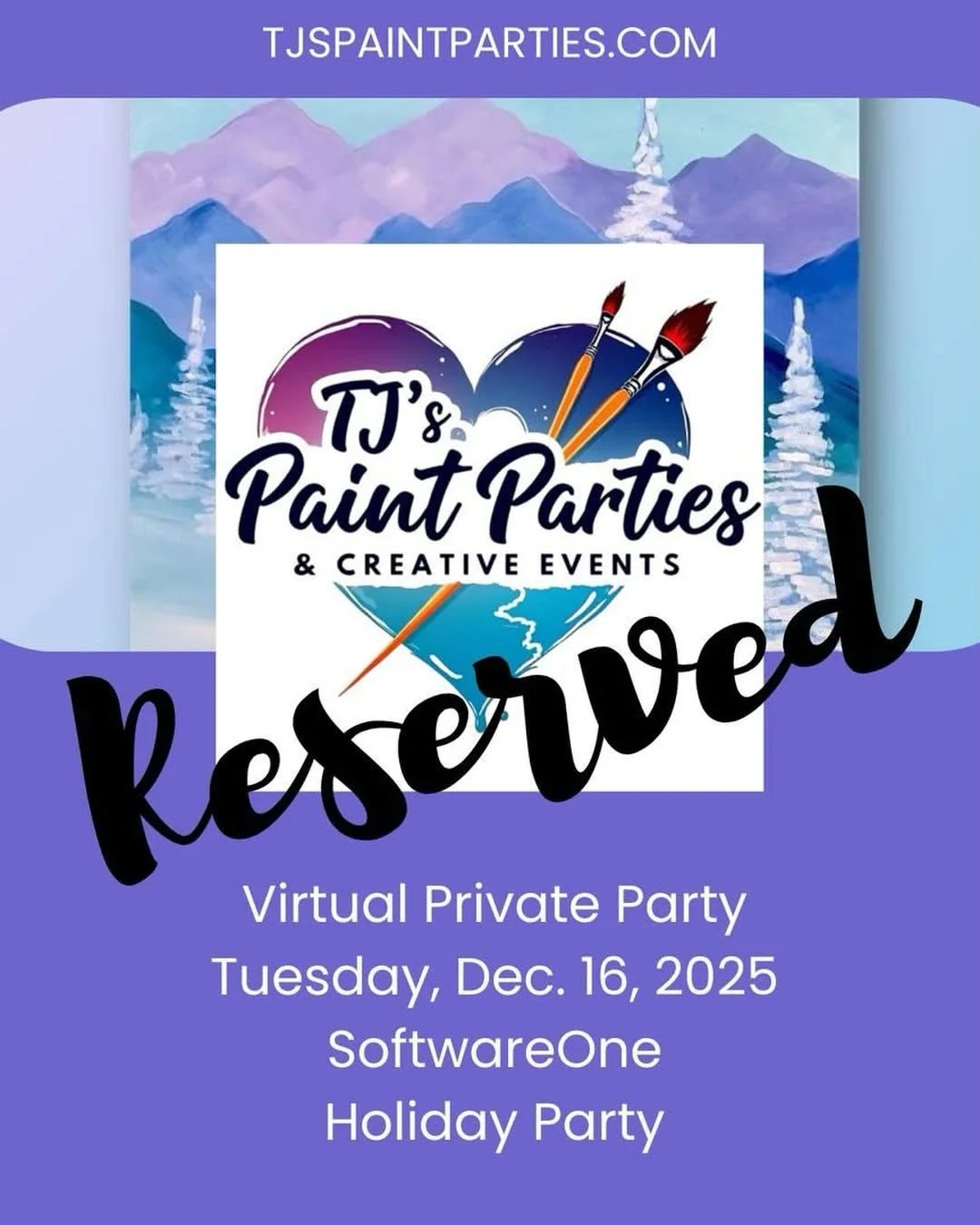 Reserved! Excited to host a Virtual Holiday Staff Paint Party for Software One &mdash; bringing team members together from across the U.S. and Canada! 

Planning a remote celebration of your own?
Book your virtual or in-person event &rarr; TJsPaintPa