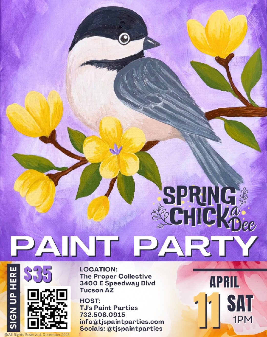 Paint and Create: Spring Chickadee | Tucson | 1pm

Join TJ&rsquo;s Paint Parties and Creative Events for a guided Paint and Create experience hosted at The Proper Collective on Speedway &mdash; Tucson&rsquo;s local artist collective &amp; handmade ma