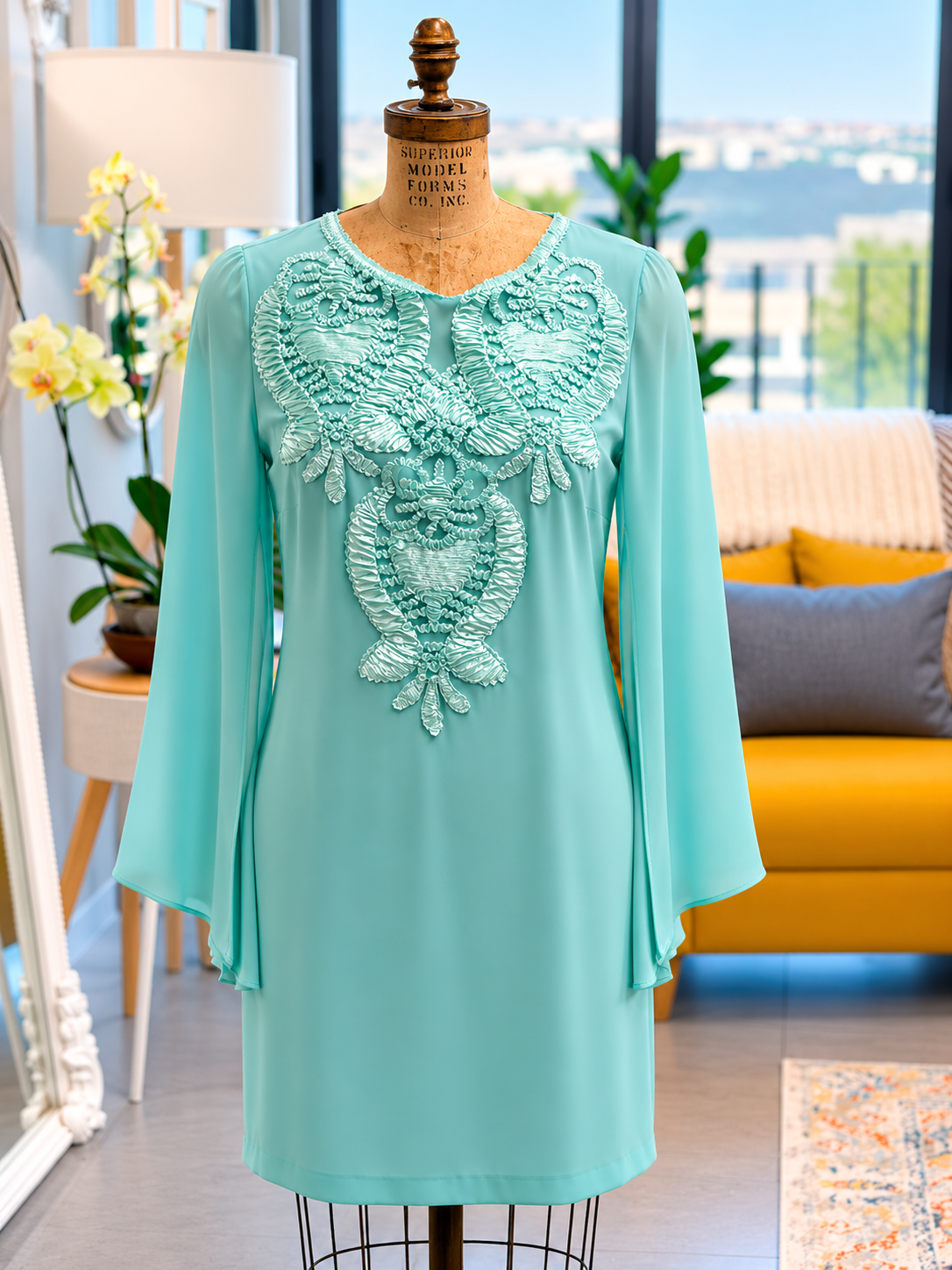 Vestido de cóctel turquesa con bordado ornamental