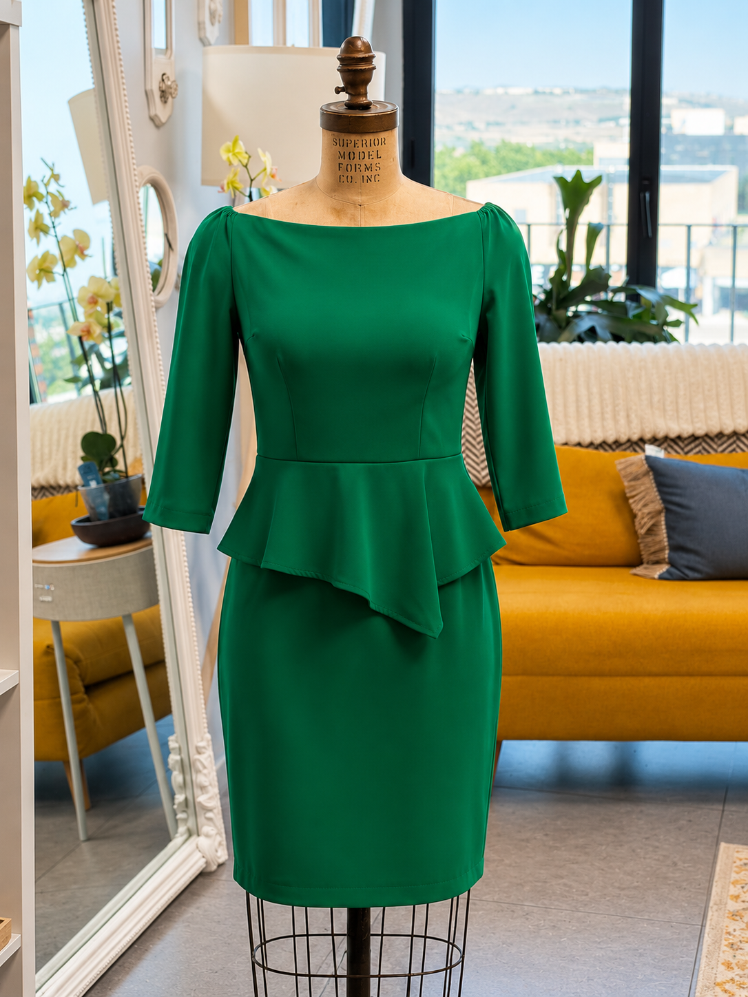 Vestido verde esmeralda con peplum-T42