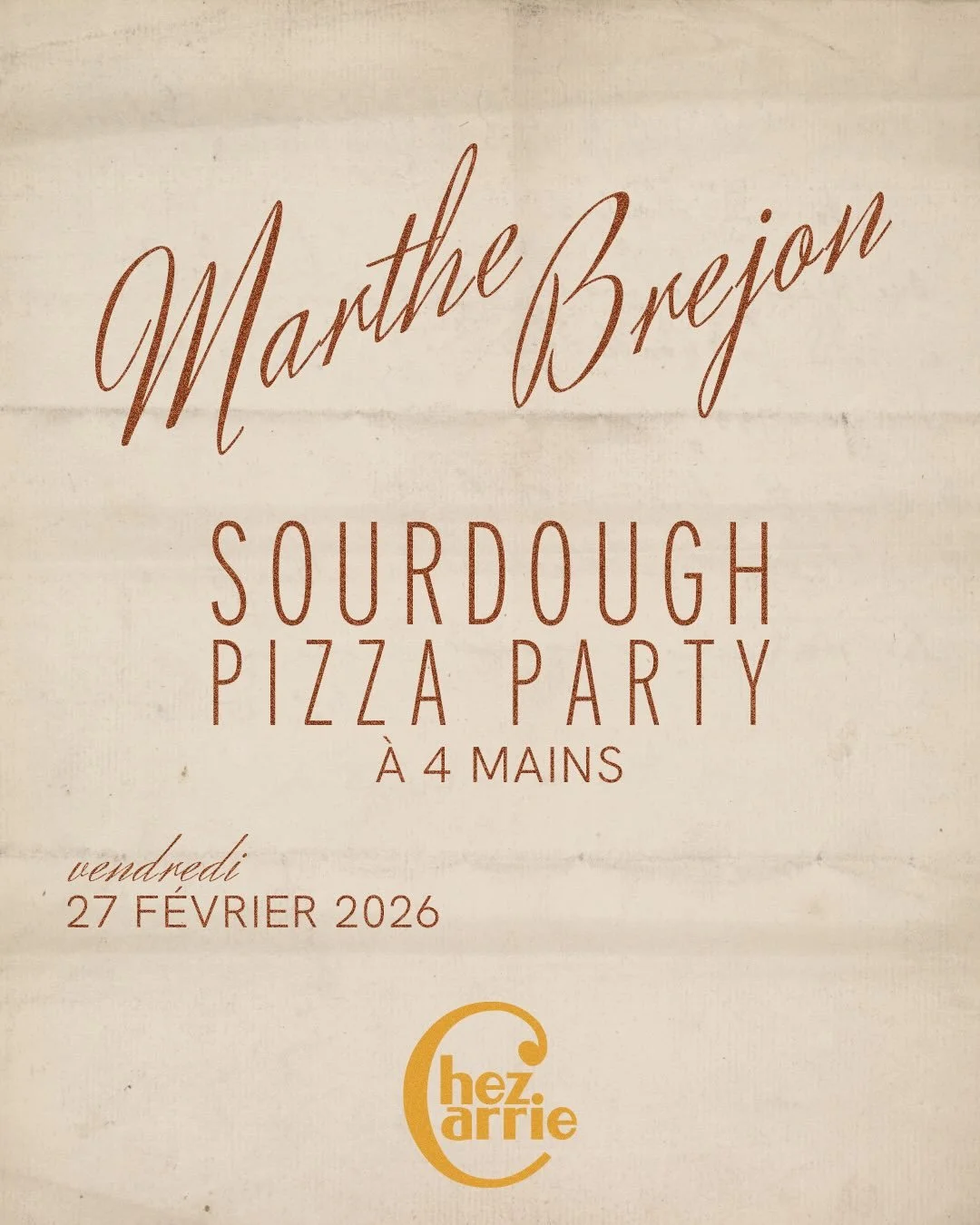 Vendredi le 27 fevrier, sourdough pizza Chez Carrie ! @marthebrejon arrive avec ses fours et pour l&rsquo;occasion on ajoutera trois pizzas au levain au menu. &Agrave; partir de 19h - on vous conseille de r&eacute;server !