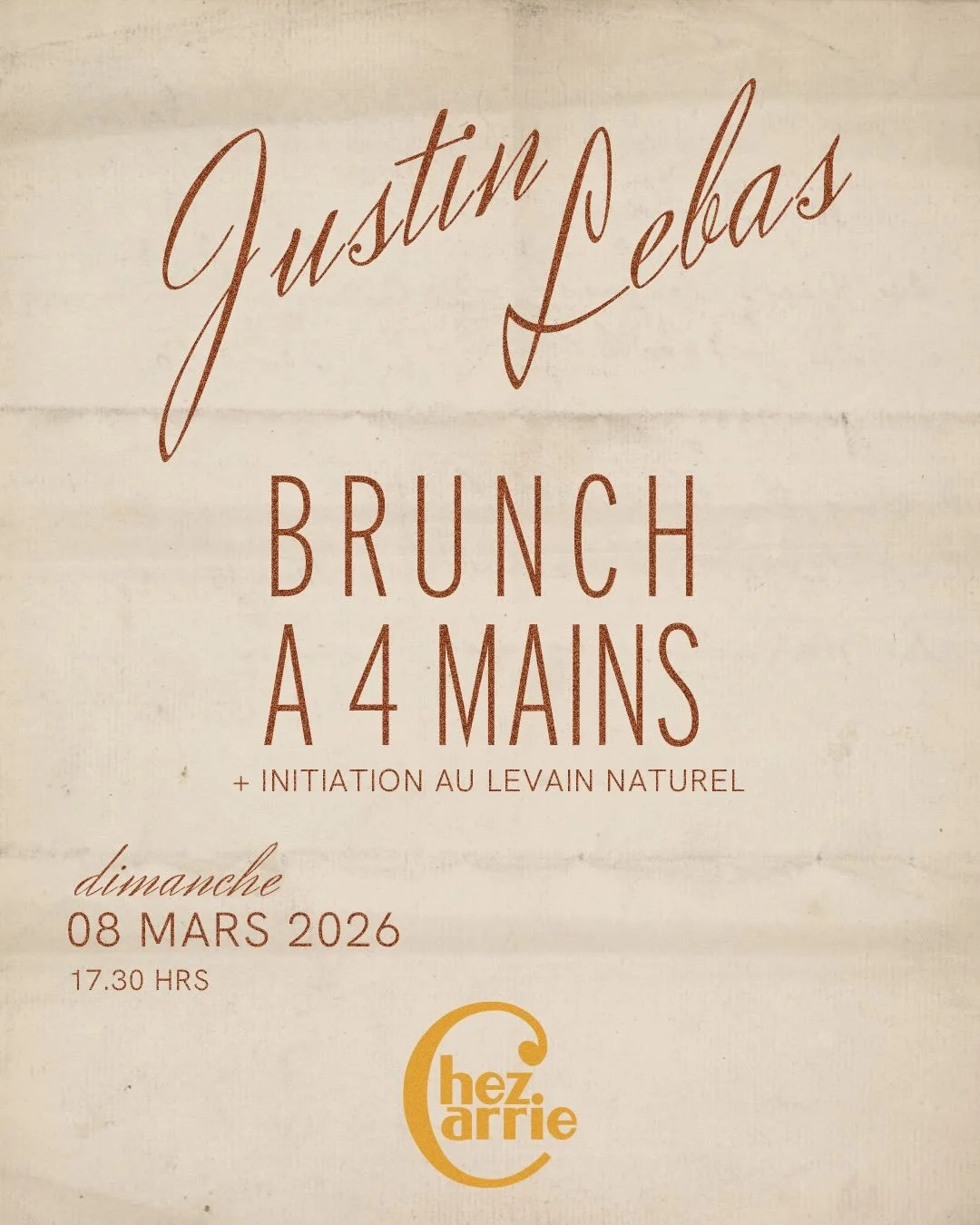 BRUNCH &agrave; 4 mains + atelier levain avec @lebasjustine, ce dimanche 08/03 

ATELIER : Initiation au levain naturel, dimanche &agrave; 17h 

Envie d&rsquo;apprendre des subtilit&eacute;s dans le levain naturel ? Quelle farine choisir, comment le 