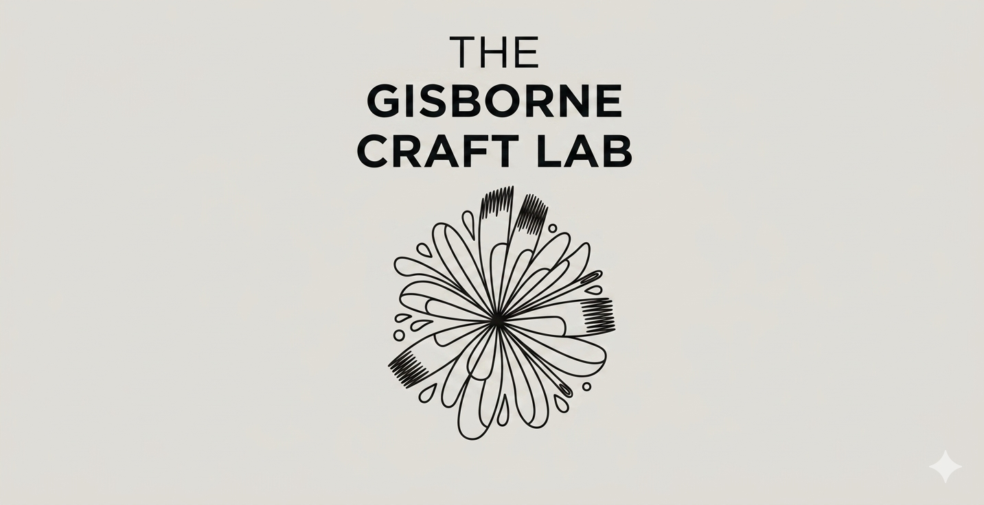 Logo for The Gisborne Craft Lab featuring stylized black line drawings of paintbrushes and drops, with the text 'THE GISBORNE CRAFT LAB' in bold black letters above.