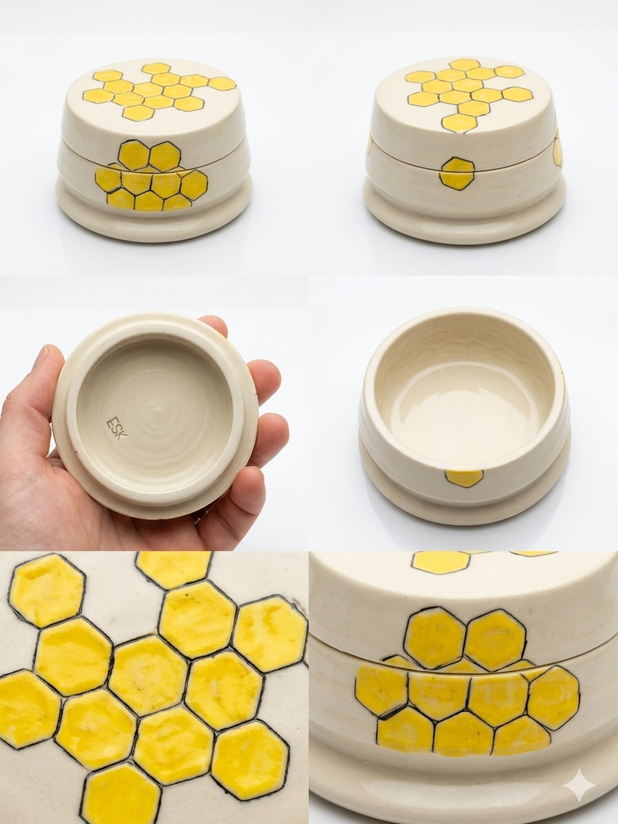 Ceramic storage container set decorated with honeycomb designs, shown from different angles including the inside and bottom view.