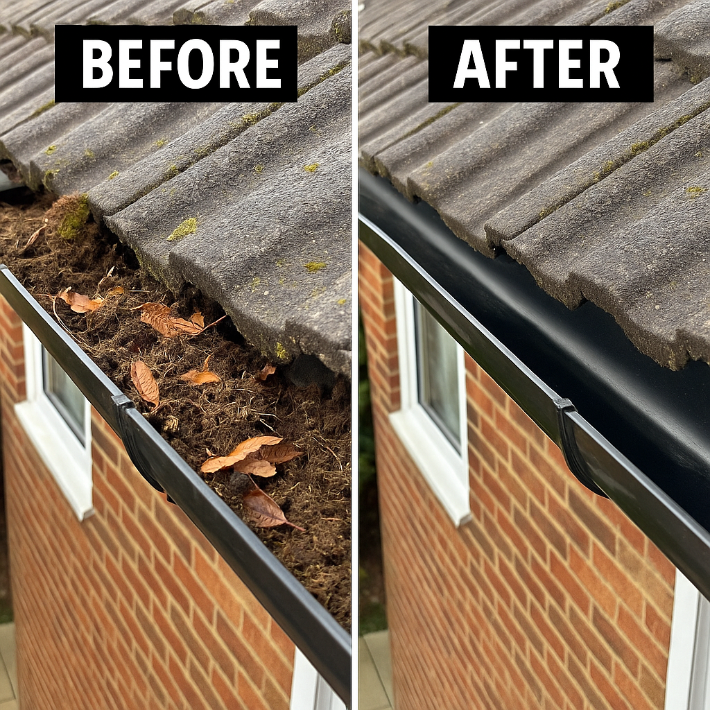 Side-by-side comparison of a roof gutter before and after cleaning. The left shows a dirty gutter with leaves and debris, while the right shows a clean, debris-free gutter.