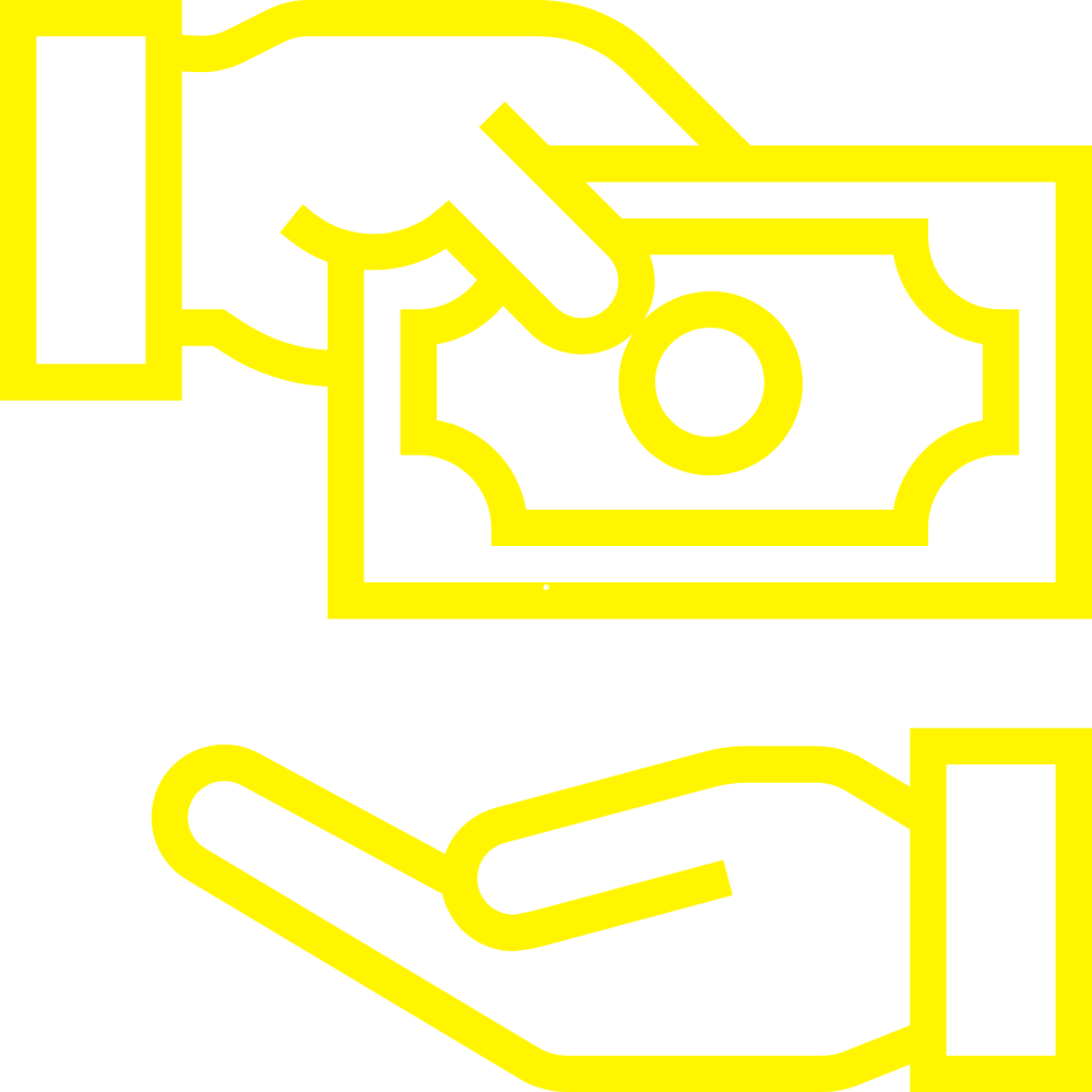 Icon of a hand holding money, with a dollar bill above it.