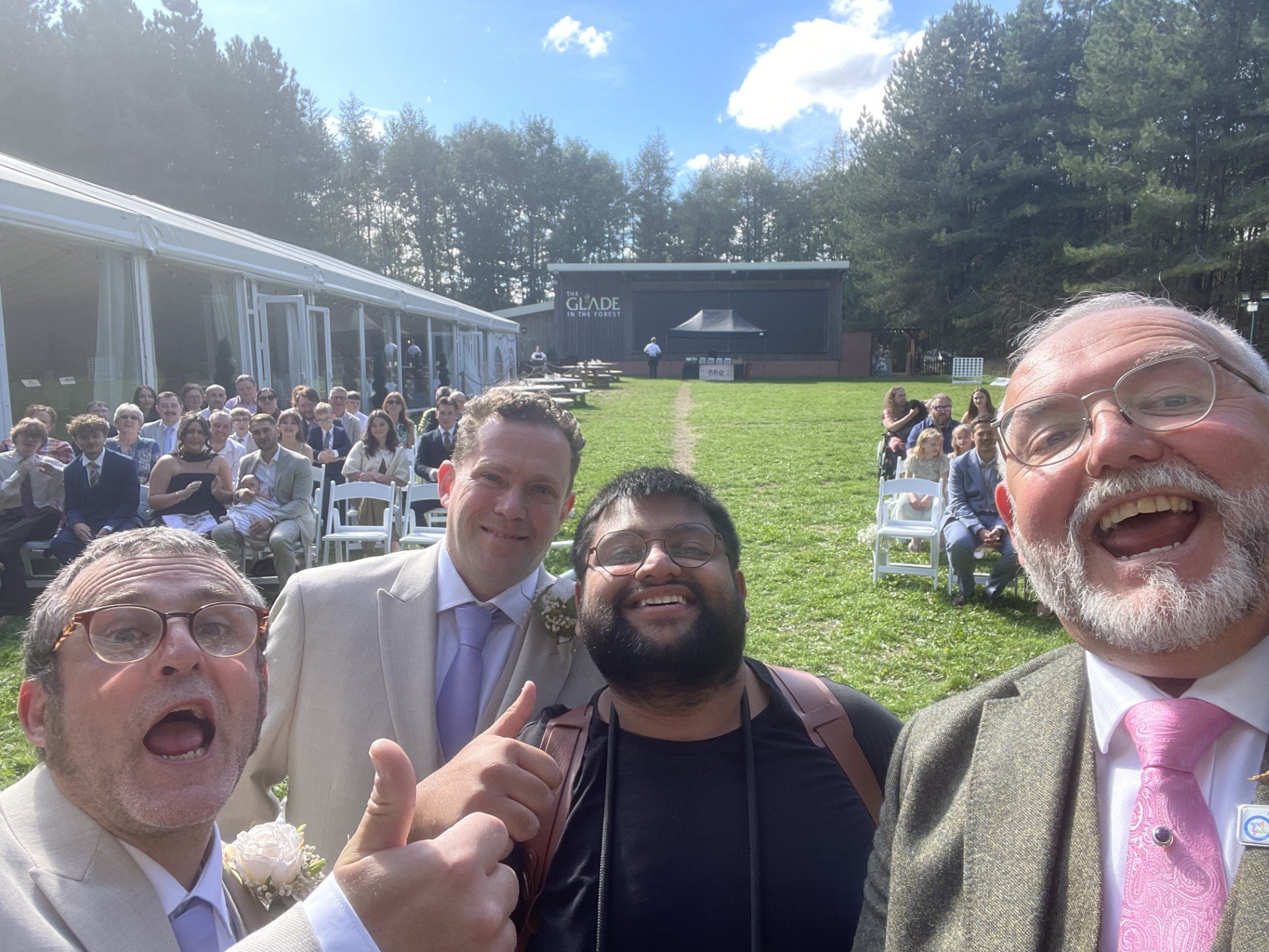 Photographer Jay, having a selfie with Celebrant John at the Glade Wedding Venue, Rosliston Foristry Centre.