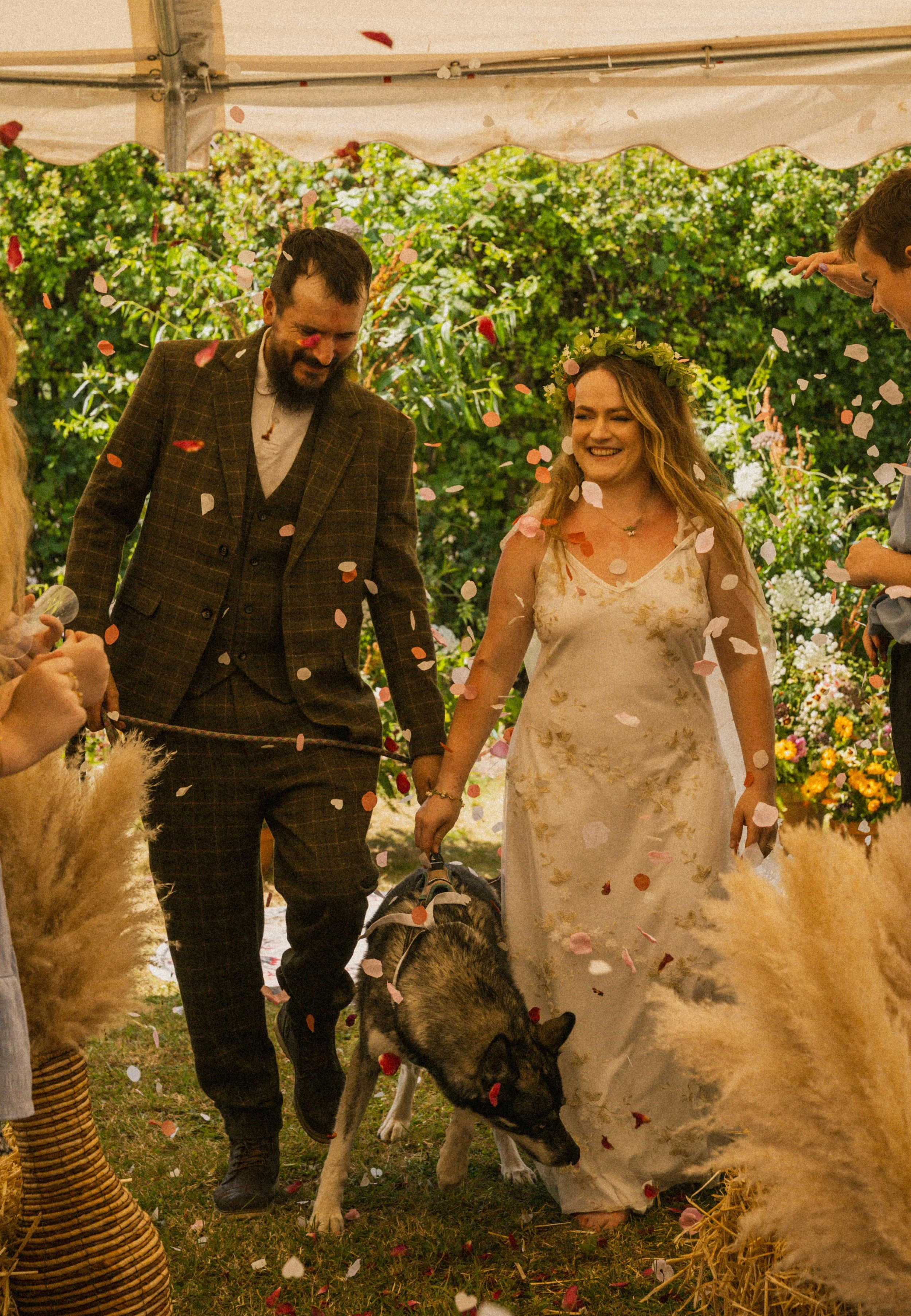 A bride and groom holding hands under a canopy, celebrating with confetti and a Siberian Husky dog at an outdoor wedding ceremony. At Rhubarb farm, Langwith.